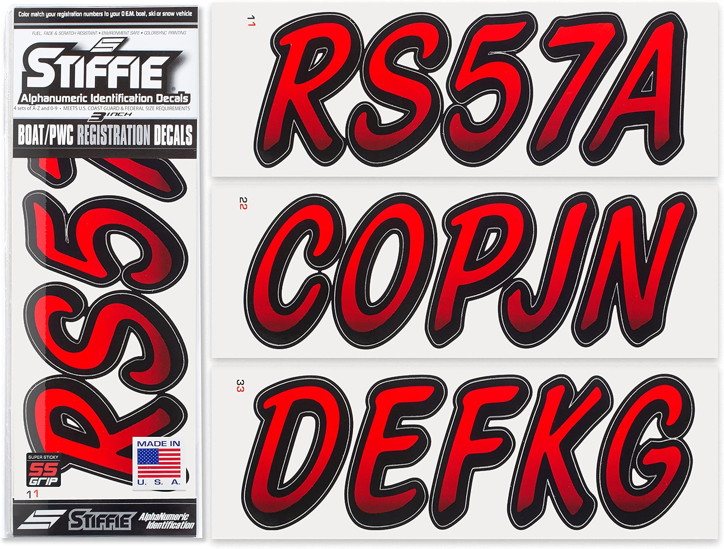 StiffieWhipline Lava Red/Black Super Sticky 3" Alpha Numeric Registration Identification Numbers Stickers Decals for Sea-Doo Spark, Inflatable Boats, Ribs, Hypalon/PVC, PWC and Boats.