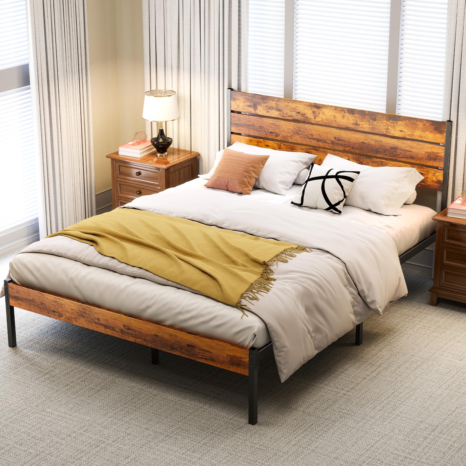 olixis full size bed frame with headboard, 800lbs mattress foundation with all sturdy metal support, under bed storage, no box spring needed, easy assembly, rust brown