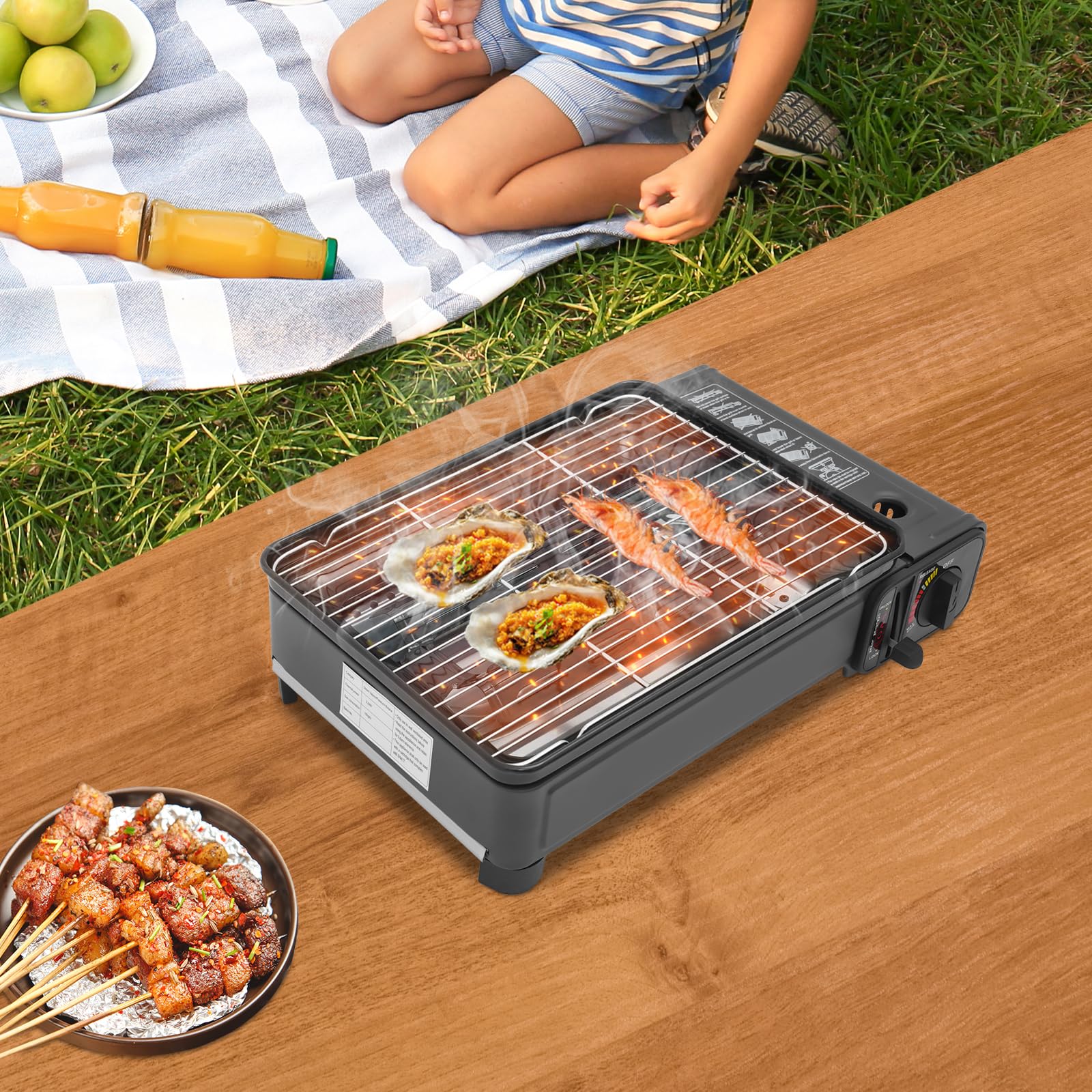 Barbecue à gaz portable, Barbecue de camping, cuisinière de camping, avec sac de transport et bac à graisse, Barbecue au butane pour camping, barbecue, pour pique-nique, terrasse, 42x26x11cm