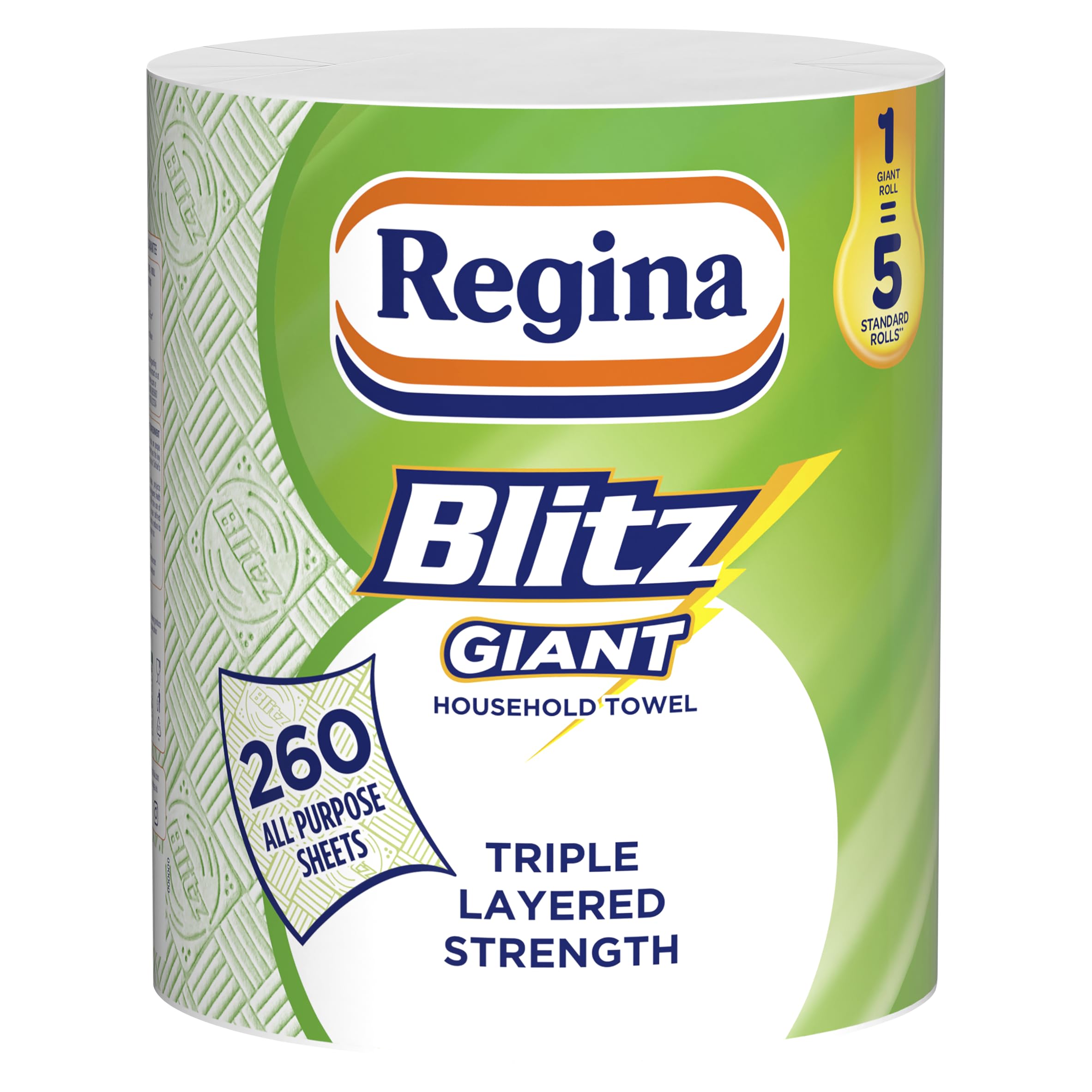 Regina Blitz Giant – 1 Roll Multi-Purpose Household Towels, 3 Ply, 260 Sheets Per Roll, Triple Layered Strength, Household Towels Made With Virgin Pulp, Recyclable Paper Packaging, and FSC Certified