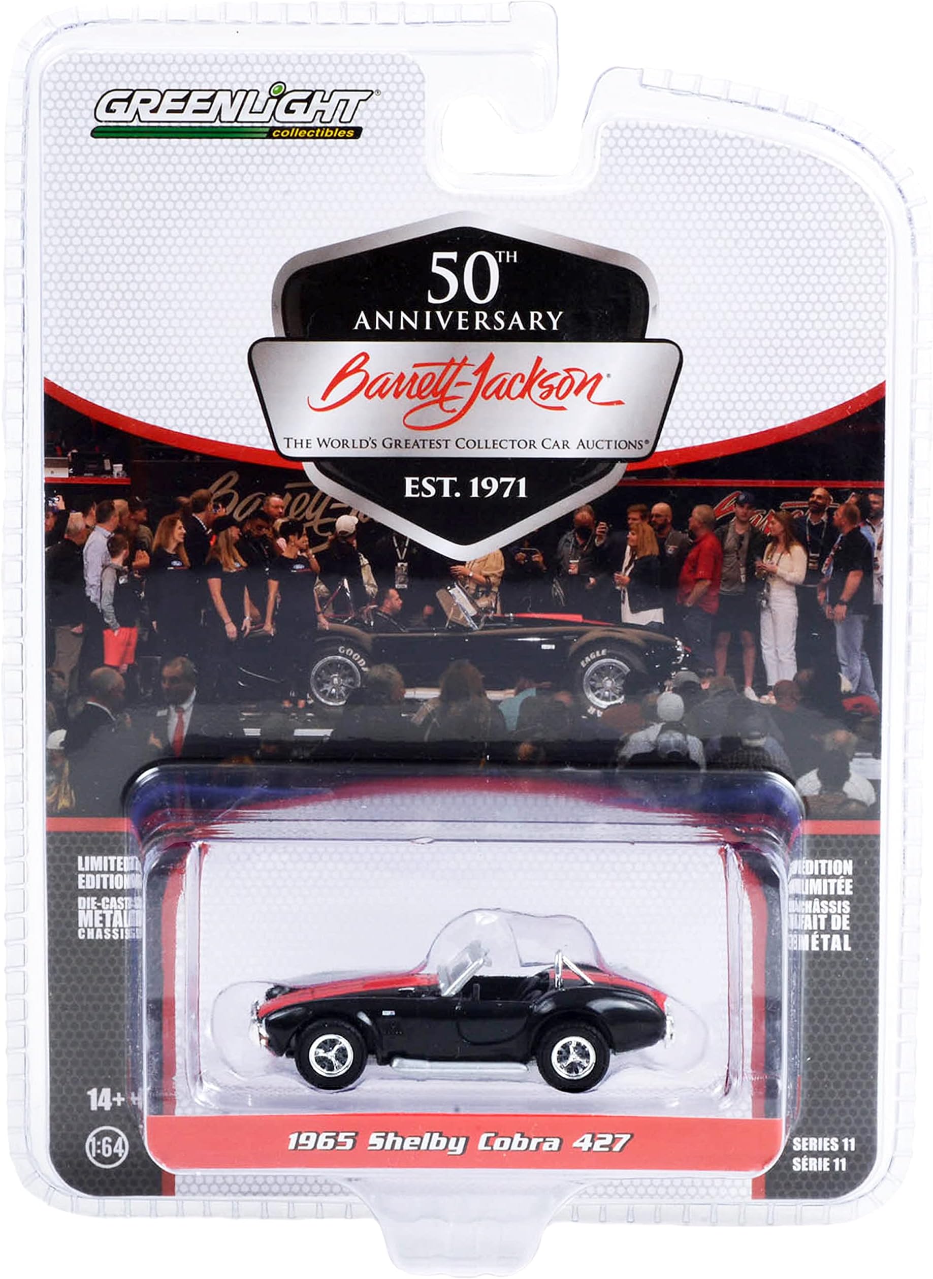 1965 Shelby Cobra 427 Black with Red Stripes (Lot #3002) Barrett Jackson Scottsdale Edition Series 11 1/64 Diecast Model Car by Greenlight 37270 A