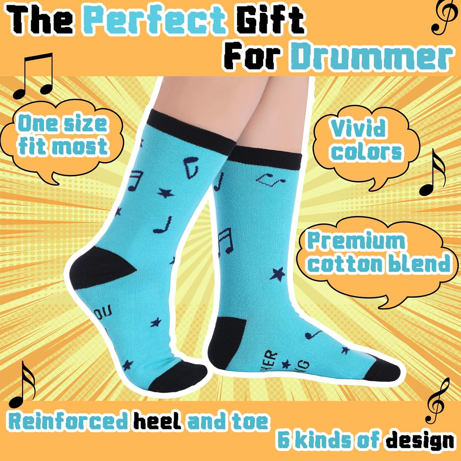 Zoooyawn 6 Pairs Drummer Socks for Men Women Drum Gifts Funny Crew Socks for Drummer Music Lovers Gifts Ideas Family Friends - Image 4
