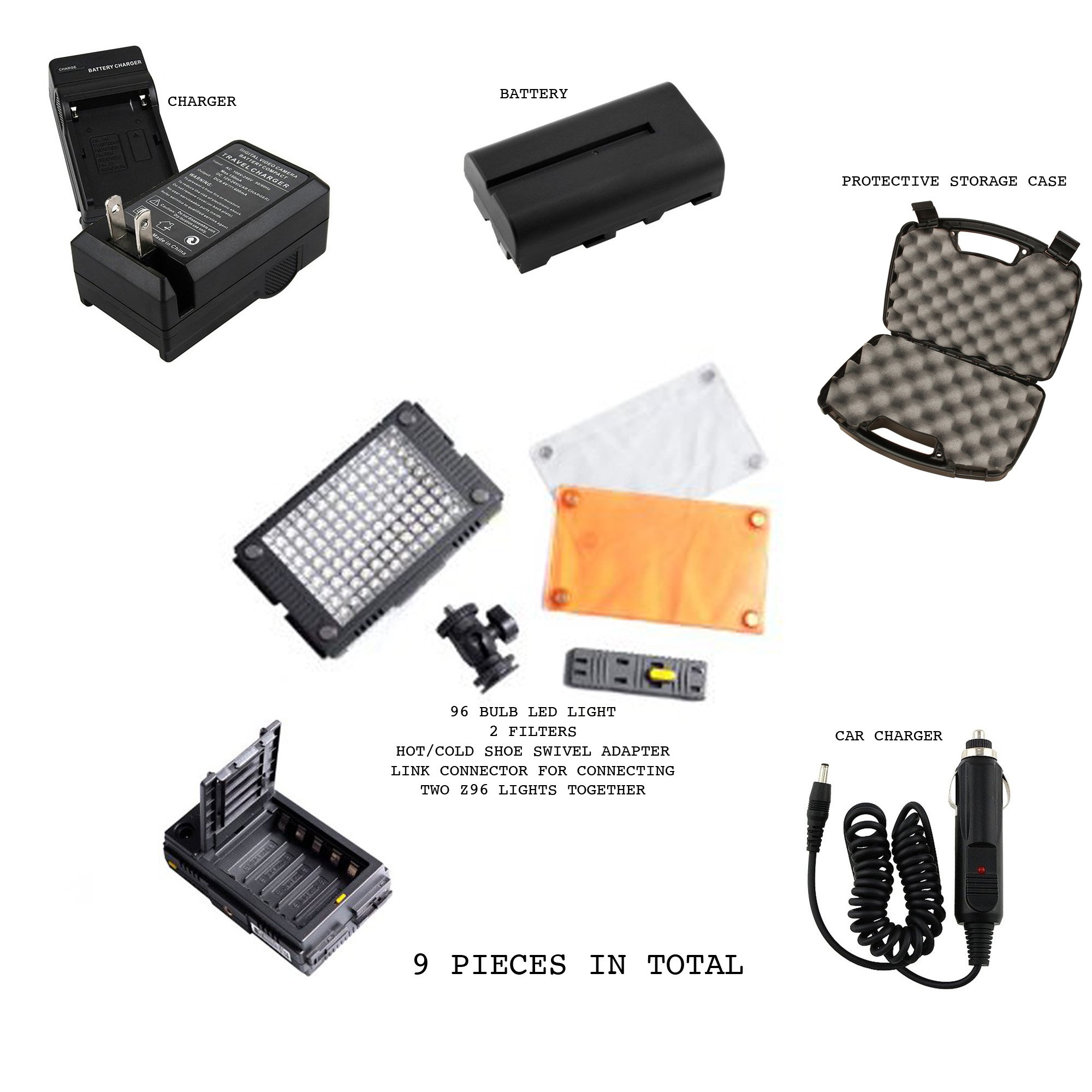 HDV-Z96 plus extras 9 Piece Light kit Bundle for Dslr Photo / Video includes HDV-Z96 LED Light Panel made by F and V, 2 Magnetic Filters, Cold Shoe Ball Joint Mount, Connector Plate, Rechargeable Battery, Battery Charger, Car Cigarette Charger Cable, Protective Carrying Case