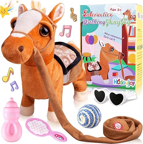 Miniatura 7 de Juguete interactivo de peluche de poni negro que canta bailando musical realista poni mascota, juguete de cabeza de caballo para niños y niñas,