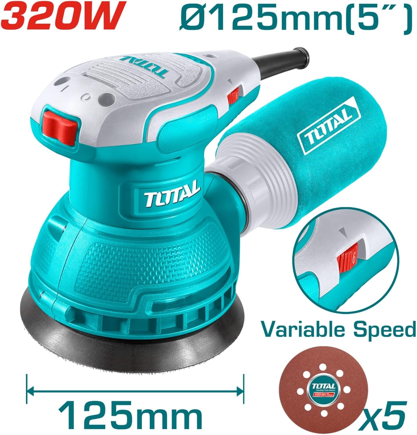 TOTAL Rotary Sander TF2131256 with dimensions and variable speed dial