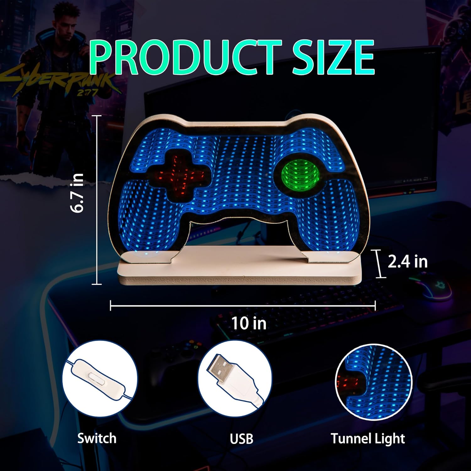 Gamepad Infinity Mirror Light, Gaming Room Decor LED Night Light with USB Power, 3D RGB Gaming Desk Decor for Gamer Bedroom, Teen Boy Room, Kids Gaming Setup, Cool Gamer Gifts,10.6"×6.7"