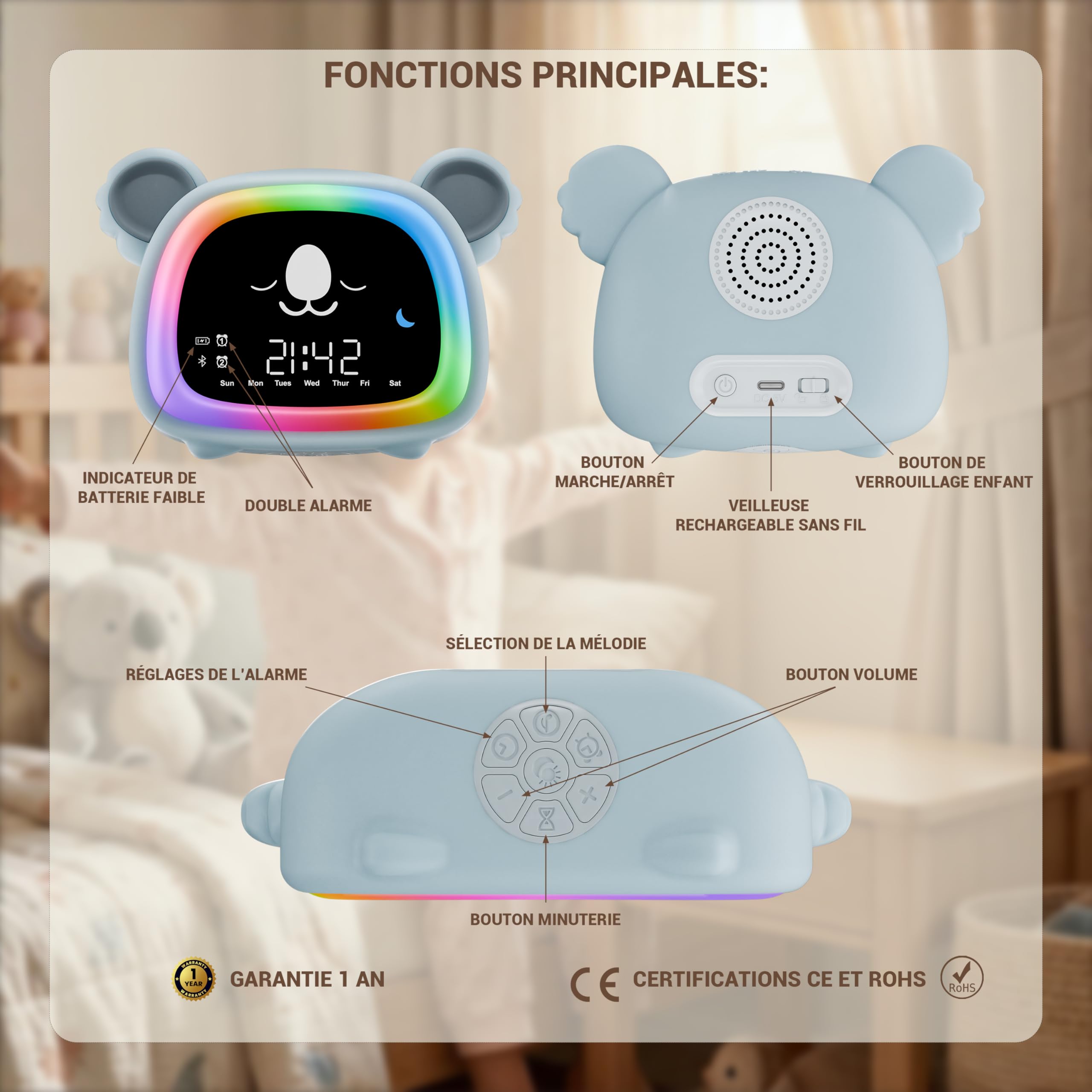 OCTAV - Despertador infantil educativo día/noche, luz nocturna, Bluetooth, aplicación | Musical & Sonido Natural – Luz nocturna LED recargable – Aplicación móvil – Aprendizaje del sueño con sol/luna