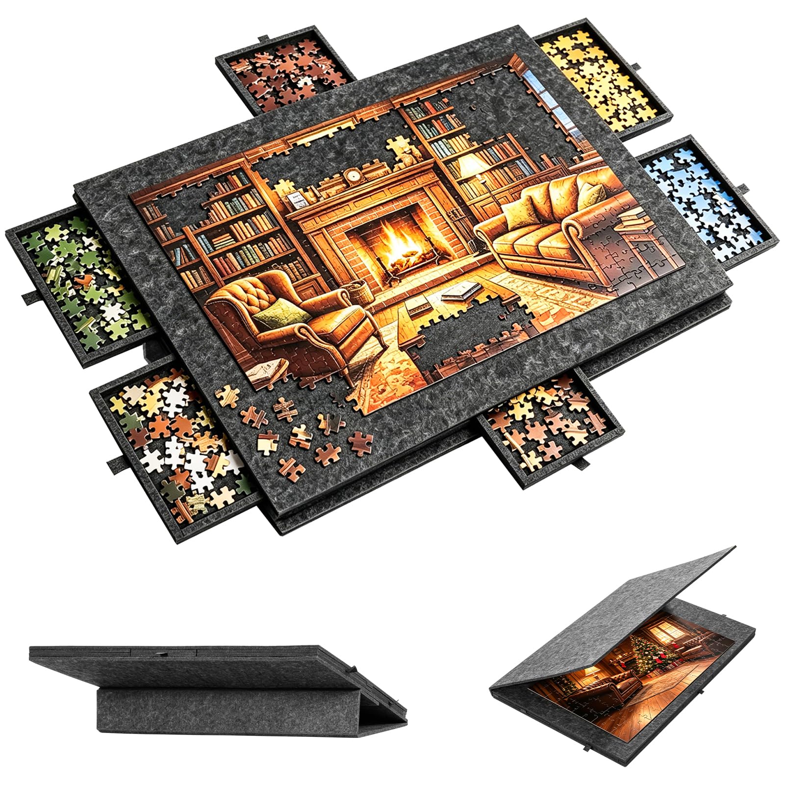 Puzzle de 77 x 53,6 cm, 2 en 1 con 6 cajones y soporte, alfombrilla de fieltro para hasta 1000 piezas, portátil, para adultos y niños, gris oscuro