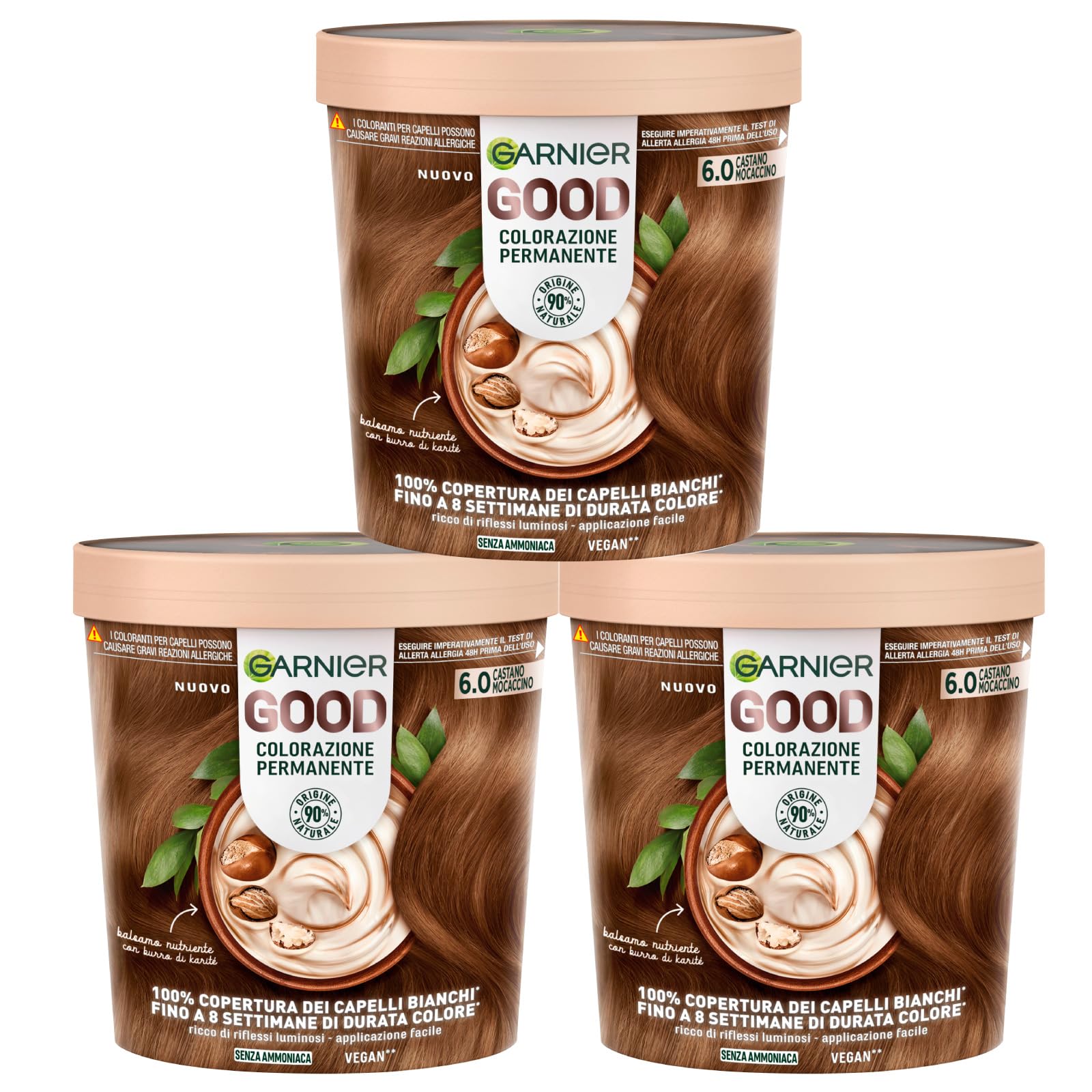 Garnier Good Tinta Colorazione Permanente Fino a 8 Settimane Colore Brillante e Luminoso Copre il 100% dei Capelli Bianchi Formula Vegana Senza Ammoniaca 6.0 Castano Mocaccino - 3 Confezioni
