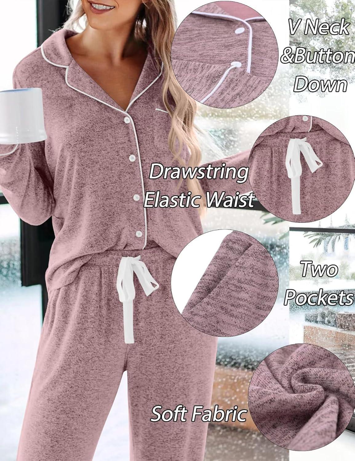 SWOMOG Women's Pajama Sets Long Sleeve Button Down Sleepwear 2 Piece PJs Soft Lounge Sets with Pockets S-XXL - Image 4
