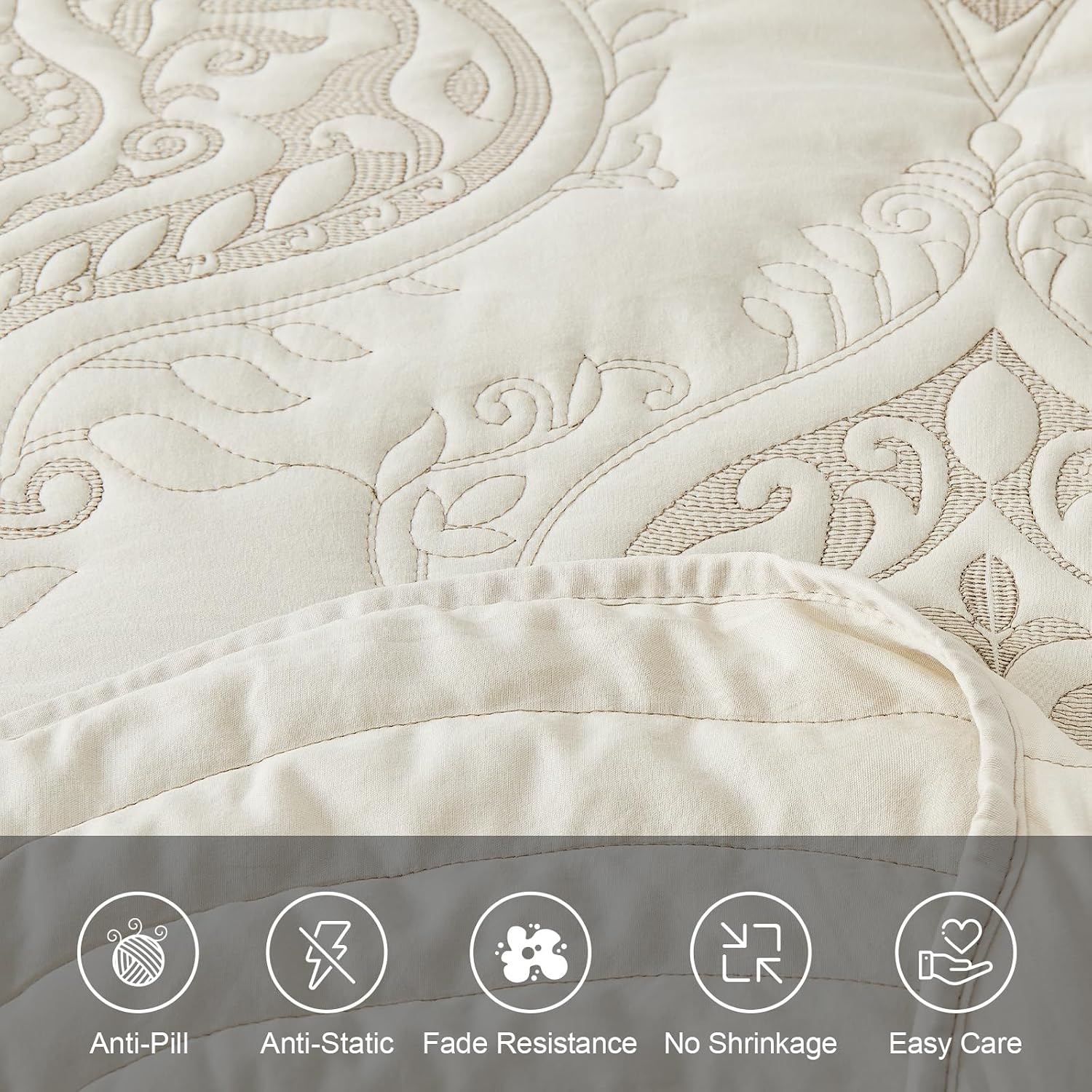 DaisyHuang Oversized Bedspread Coverlet Set King Size - Lightweight Bedding Cover - Beautiful Stitching -Luxury Damask Paisley Pattern Quilt Set, Reversible, 4 Piece with Floor Mat, Light Beige | Lightweight
