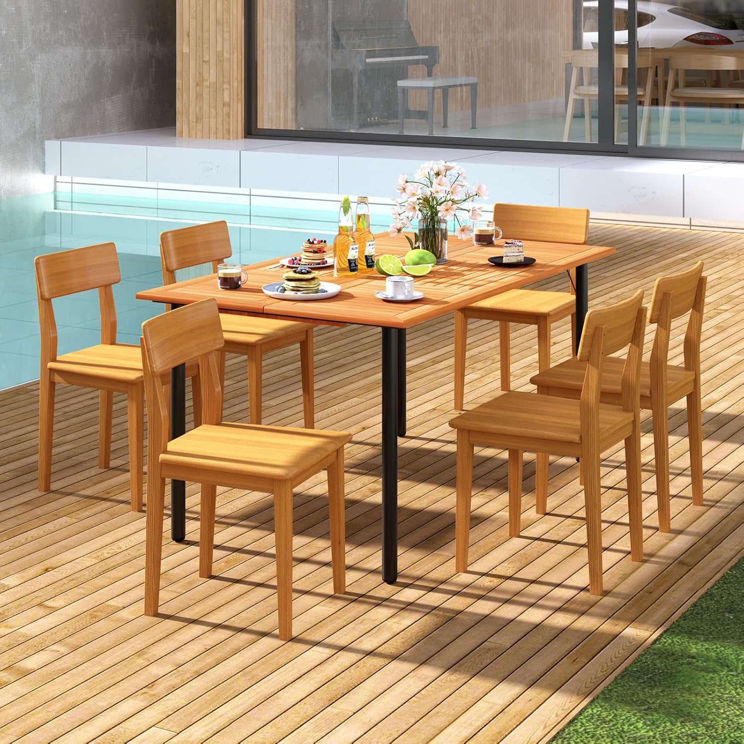 Patio Dining Table for 6 Persons, Acacia Wood Dining Table with 1.9" Umbrella Hole, Slat Tabletop & Metal Frame, Outdoor Dining Table Deck Furniture for Backyard & Lawn