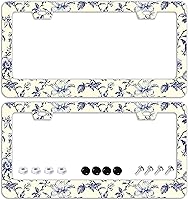 Vista 1 de Blue Floral Flowers License Plate Frames - 2 Pcs Set 2 Holes Stainless Steel Metal Auto Car Accessories Decoration License Plate Frame Cover