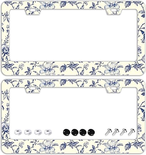 Marcos de matrícula de flores azules  Juego de 2 piezas de 2 agujeros de acero inoxidable de metal para automóvil, accesorios de automóvil,