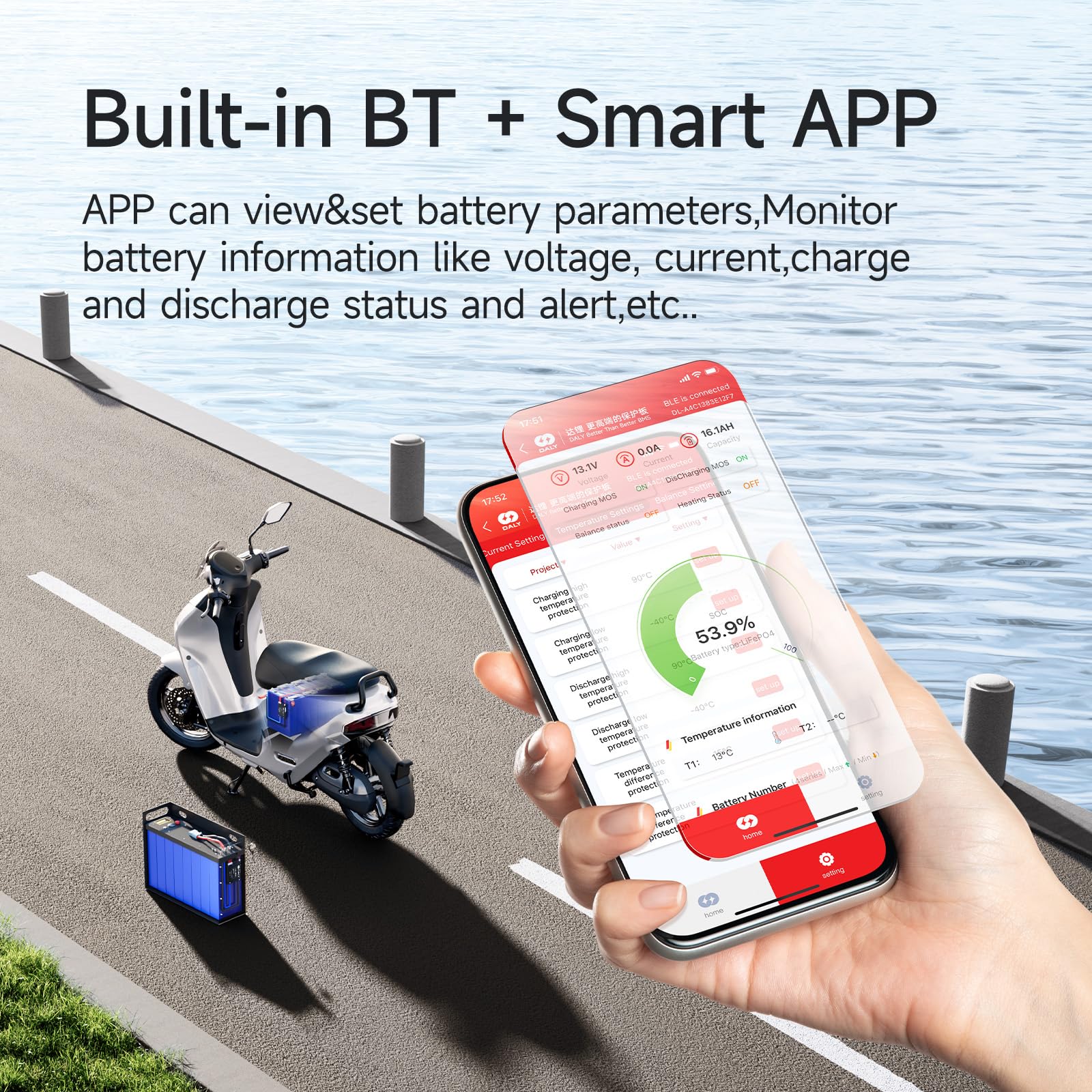 DALY BMS 60A 7S-17S 24V-60V - Monitoraggio Bluetooth integrato intelligente Protezione della batteria al litio LiFePO4 Li-ion LTO per e-bike e scooter