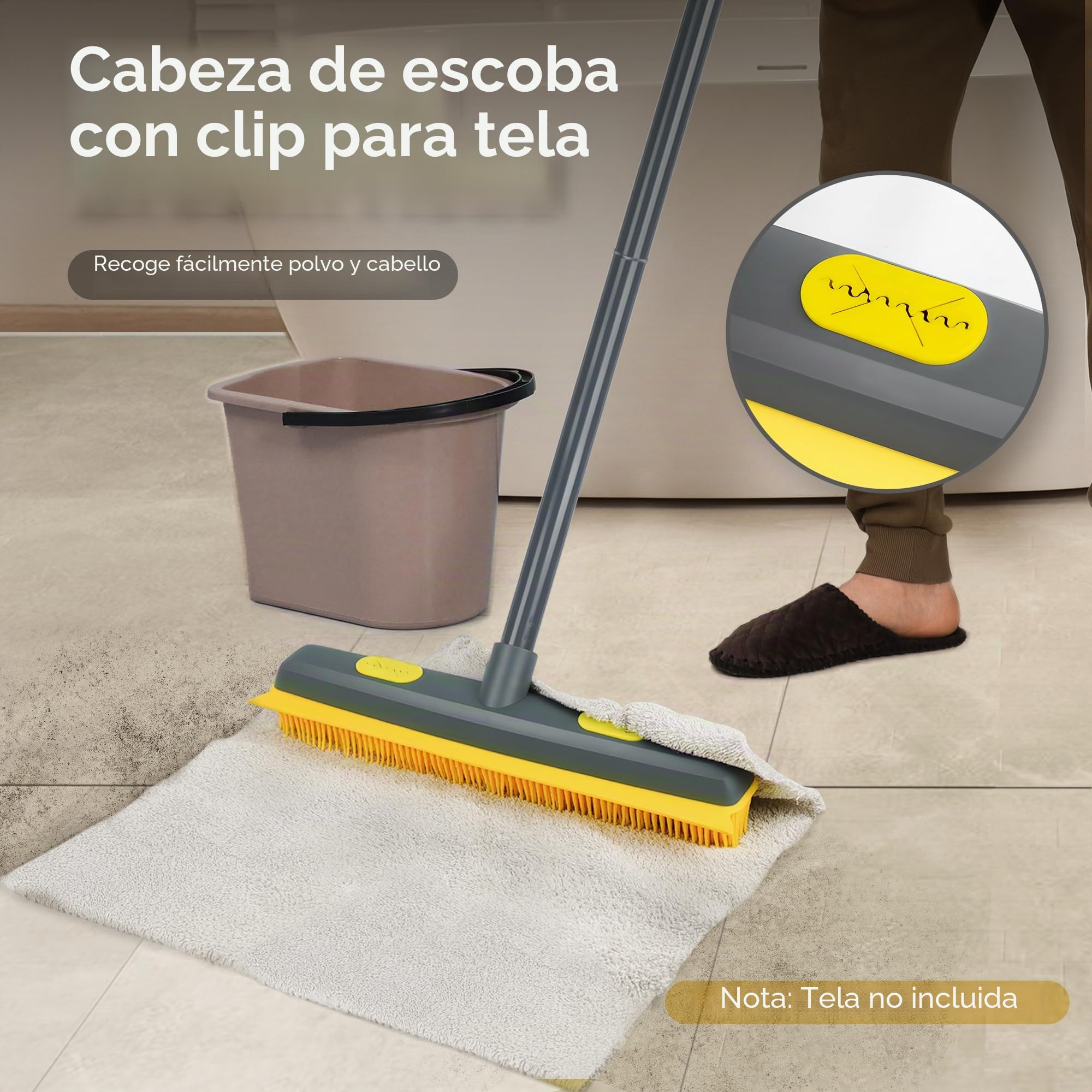NEWE Escoba de Goma con Removedor de Pelusa Portátil y Rascador Silicona para, 146 cm Mango Cepillo Rastrillo para Limpiar Alfombras, Ventanas, Azulejos