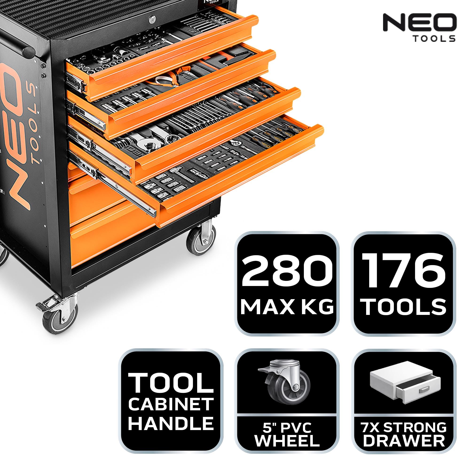 NEO TOOLS Wózek warsztatowy wypełniony narzędziami, 176-częściowy | 7 półek – szuflady z łożyskiem kulkowym – centralnie zamykany – mata antypoślizgowa – kółka obrotowe – hamulec postojowy – wózek