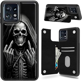Wallet Case for Motorola Moto Edge Plus 2023/Moto Edge 40 Pro with Card Slots Holder, Soft PU Leather Back Flip Shockproof Cover for Man Women,Black Skull