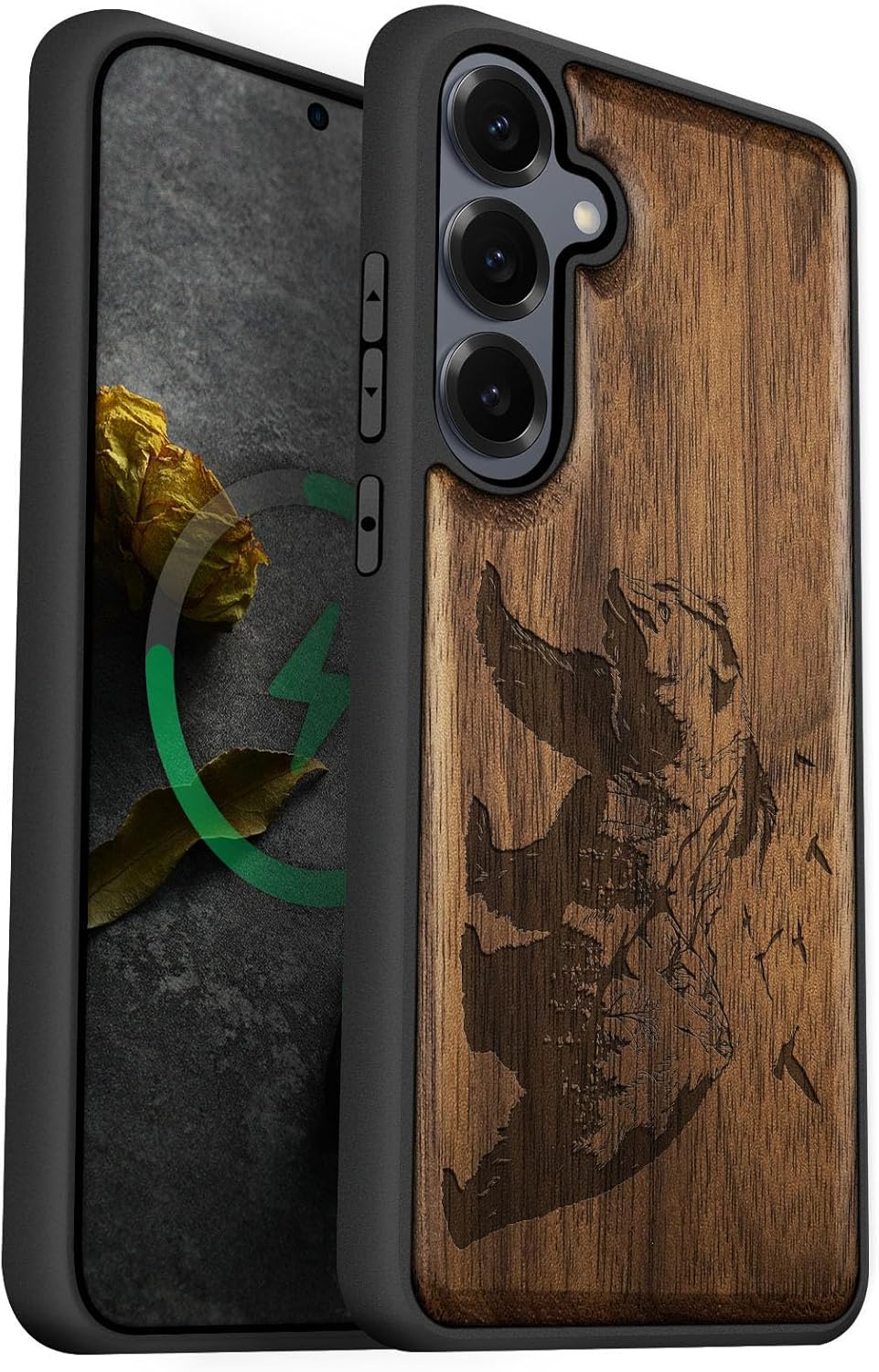 Carveit Magnetic Wooden Case for Samsung Galaxy S25 Case 2025, TPU Shockproof Cover & Wood Artisan Engraved, Compatible with MagSafe Wireless Chargers (Bear and Valleys) Walnut