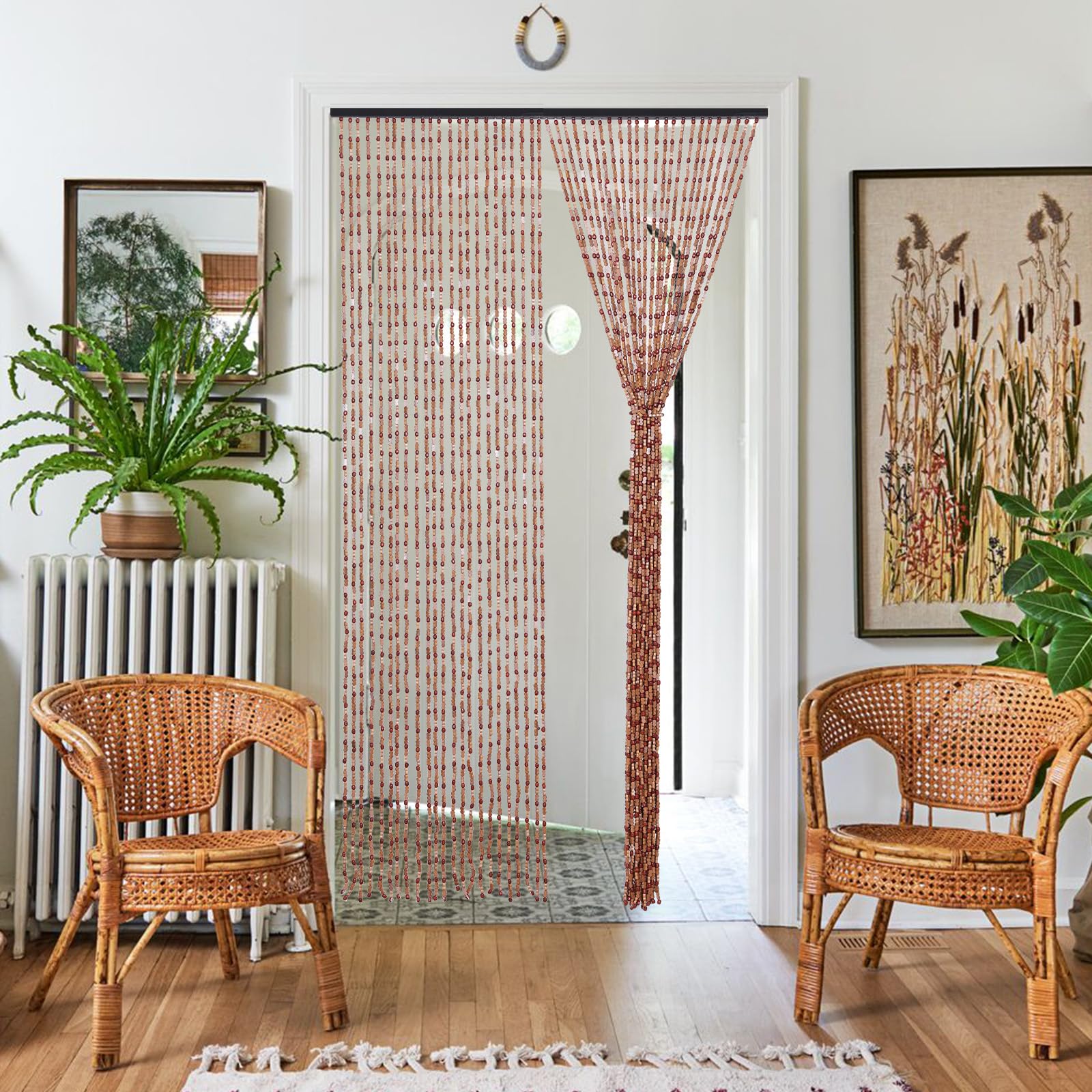 BECHAEO Rideau de porte fait à la main avec perles pour porte, 90 x 190 cm, marron | Rideau de perles bohème à suspendre pour couloir, placard, chambre à coucher, salon, séparateur de pièce hippie, esthétique