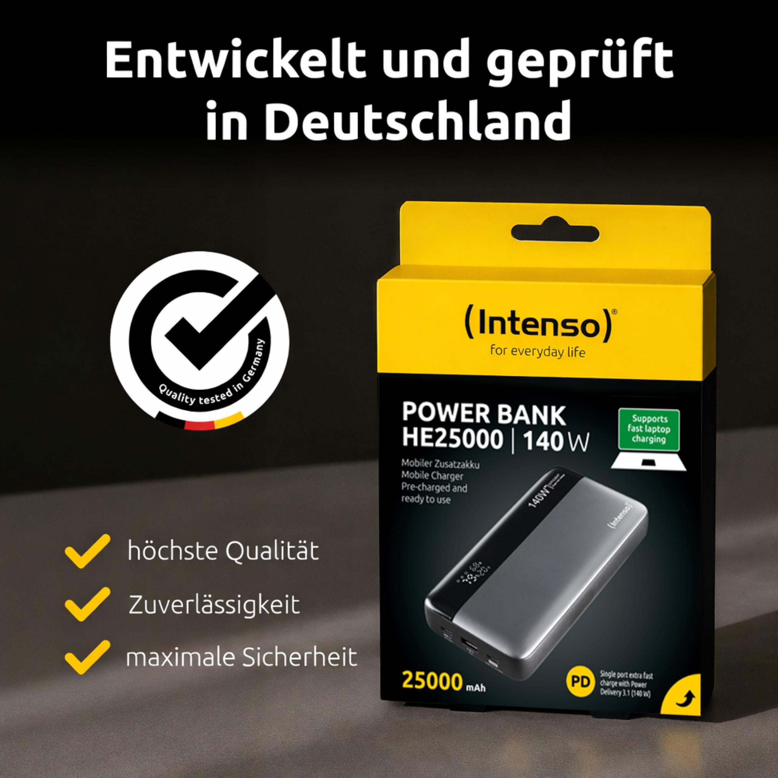 Intenso Powerbank HE25000, zewnętrzny akumulator z Power Delivery (140 W) i kablem USB-C do ładowania USB-C, 25000 mAh, szaro-czarny