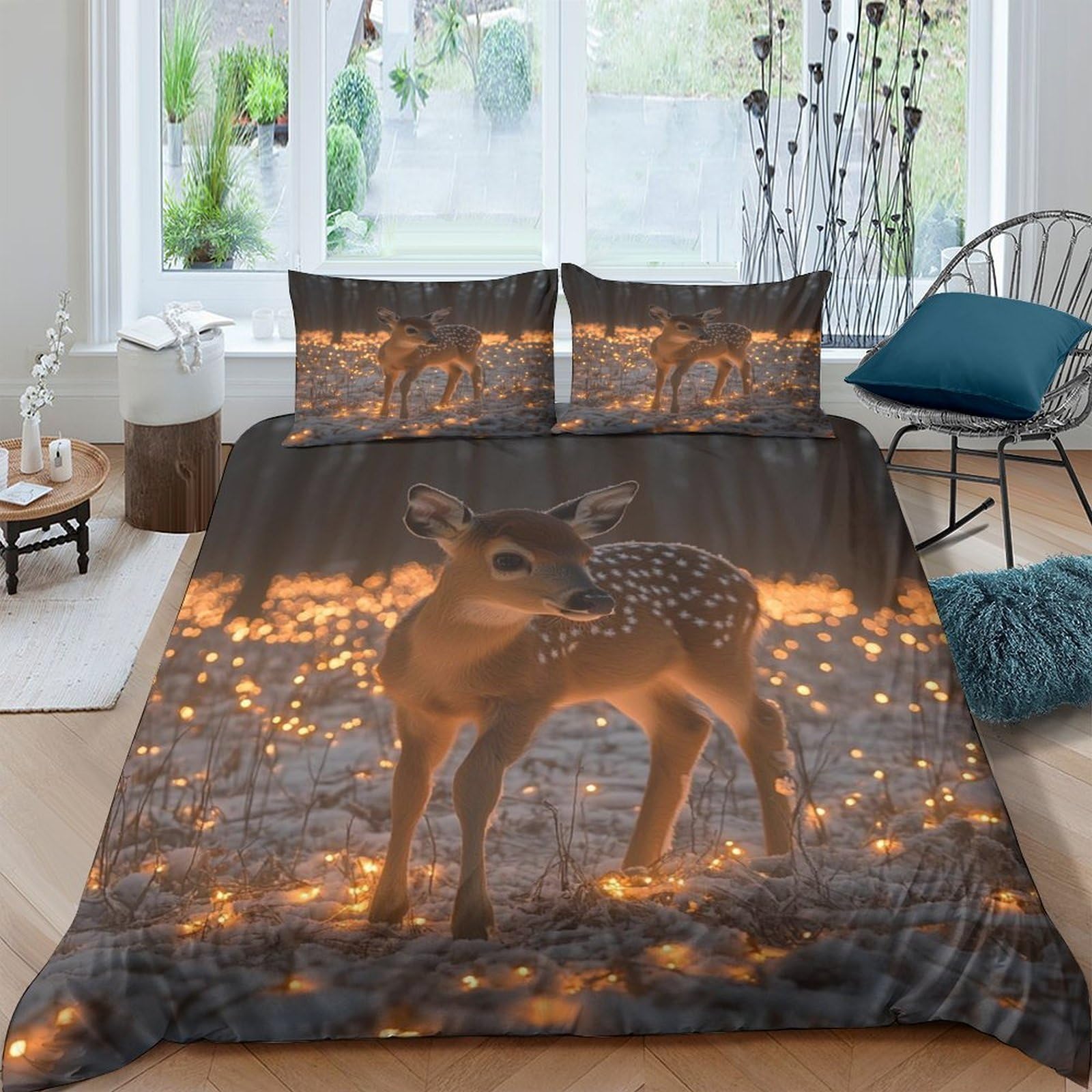 GPLZQXKJNH 3D Printed Forest Fawn Duvet Cover Microfiber Soft Breathable Woodland Animal Bedding Set with 2 Pillowcases for Bedroom Apartment Single（135x200cm）