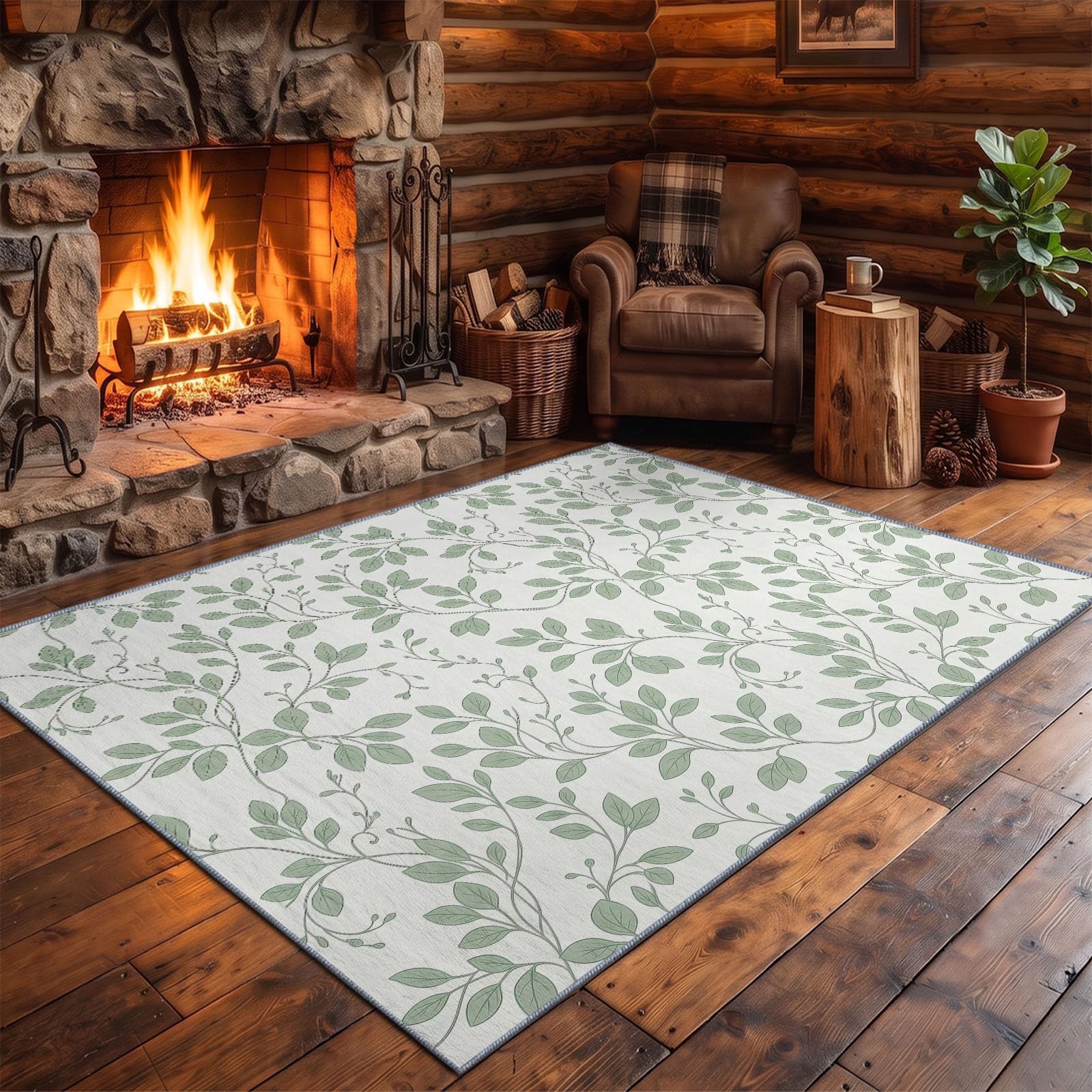 Générique Tapis Lavable Machine Salon 80 x 150 cm, Antidérapant Sol Nordique Simple Poil Bas Doux Plantes Petites Fleurs De Lianes Motif Chambre Cuisine Entrée Salle Détente Décoration Maison, Blanc