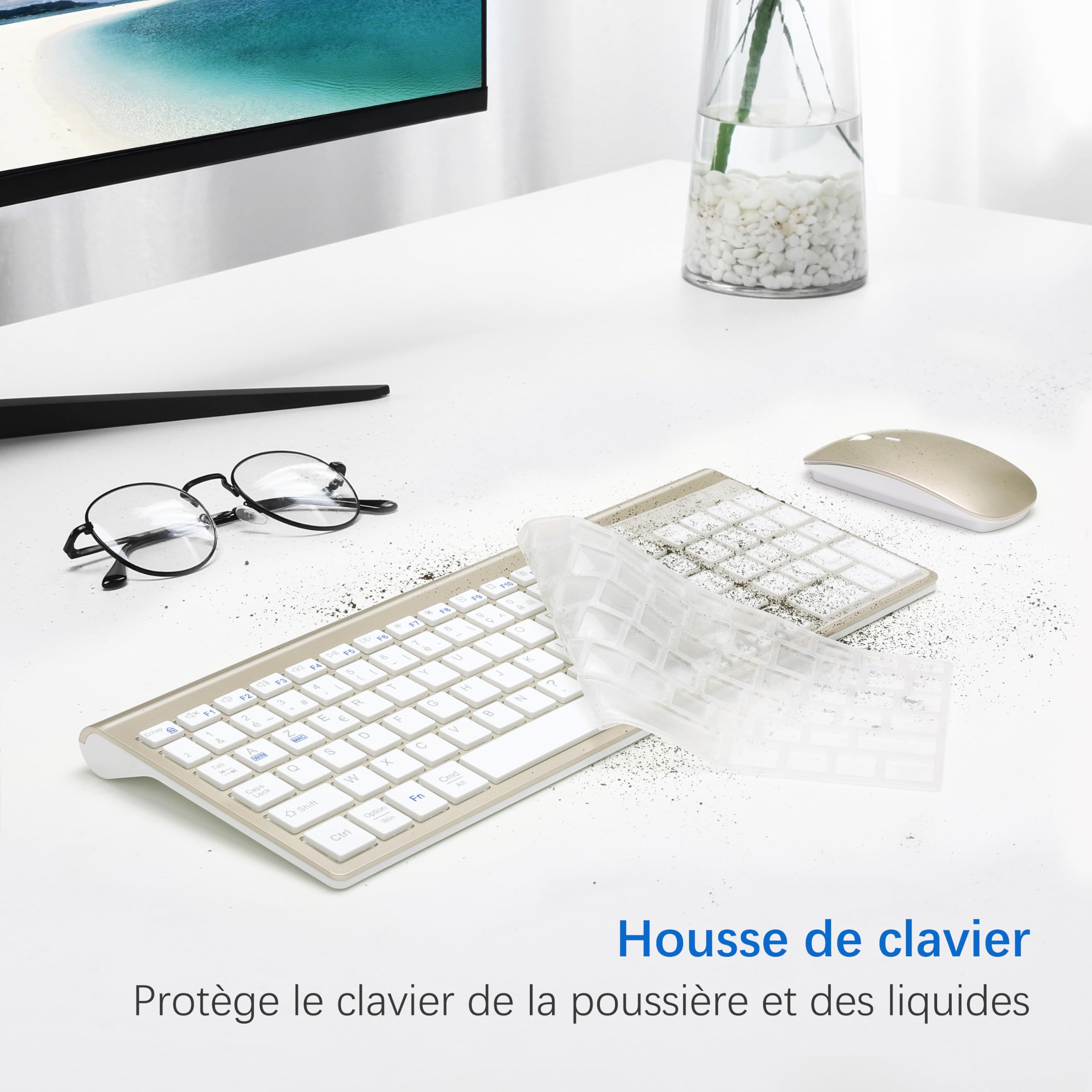 Combo Clavier Souris sans Fil Ultra Fin avec Double Système - Blanc Doré