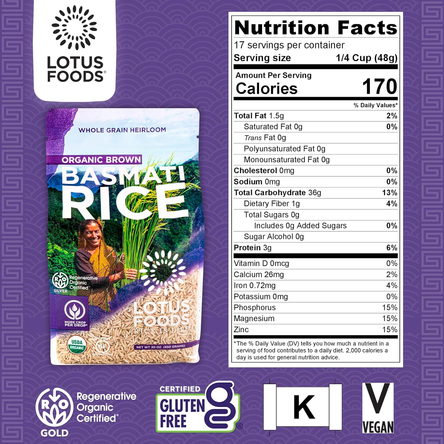 Lotus Foods Regenerative Organic Brown Basmati Rice - Gluten Free Whole Grain Heirloom Rice, Vegan, Non GMO, Use for Curries, Stir Fries, Rice Pudding, Salad, and More - 30 oz Bag (Pack of 3)