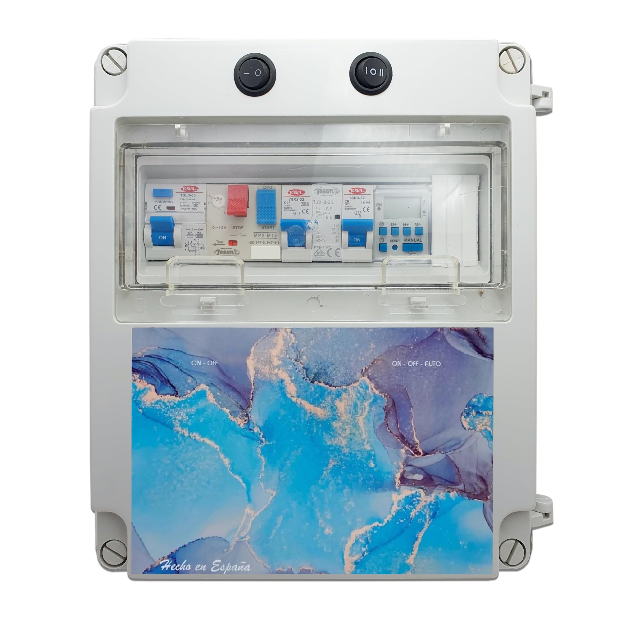 Cuadro Eléctrico para Piscina Iluminación y Motor | Guardamotor y Transformador | Sin Controlador | Contactor para Clorador | 150W 12DC | Bomba de agua 2CV 6-10A