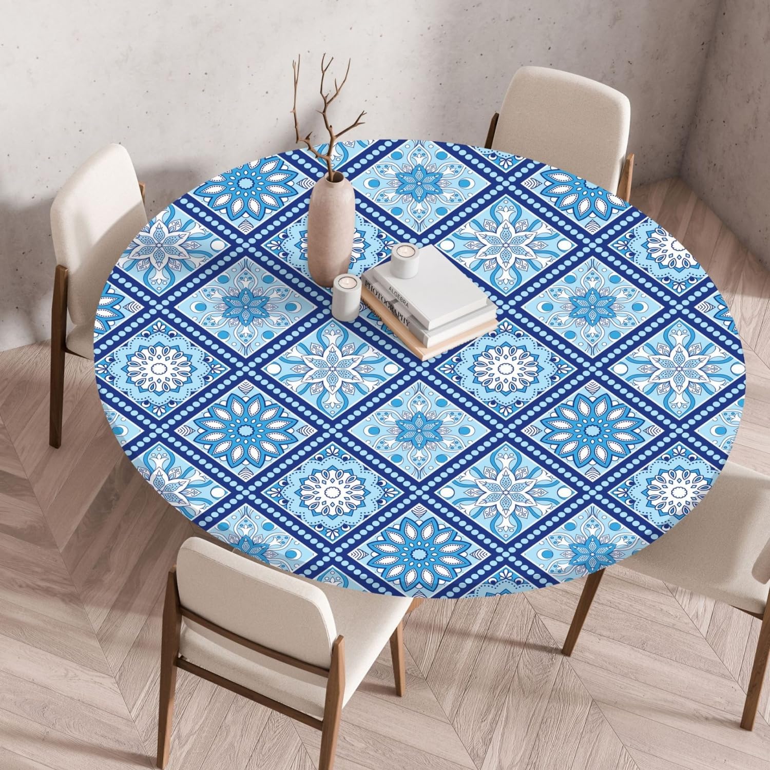 Boho Round Tablecloth, Outdoor Tablecloth, Washable, Round, Elastic Garden Tablecloth, Weatherproof Tablecloth with Elastic Band for Balcony, Garden (Style 6.70 cm)