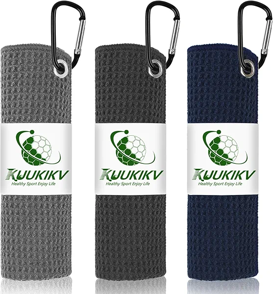 KUUKIKV 3 Pack 16" X 16" Golf Towels for Golf Bags for Men, Premium Waffle-Pattern Golf Towel with Carabiner Clip, Super Absorbent Microfiber Towel, Golf Accessories for Men, 3 Stain-Resistant Colors