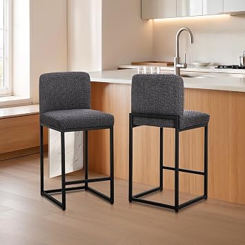 ALPHA HOME 24 Inch Counter Height Bar Stools with Back, Chenille Kitchen Counter Stools Set of 2, Upholstered Bar Chairs for Kitchen Island Home Bar with Metal Frame & Footrest, Darkgray