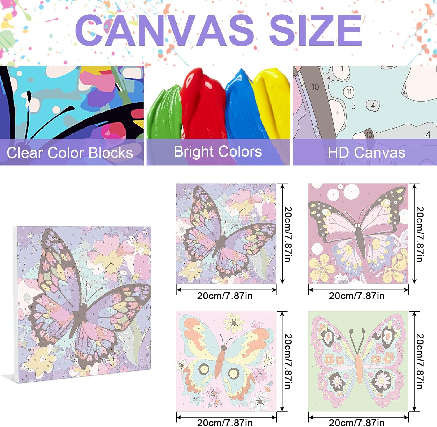 MVVMTOP 4 Pack Paint by Numbers Kit for Adults Beginner with Wooden Frame, Easy DIY Colorful Butterfly Acrylic on Canvas Paint Painting Kits, for Home Wall Decoration Arts Crafts 7.8x7.8inch