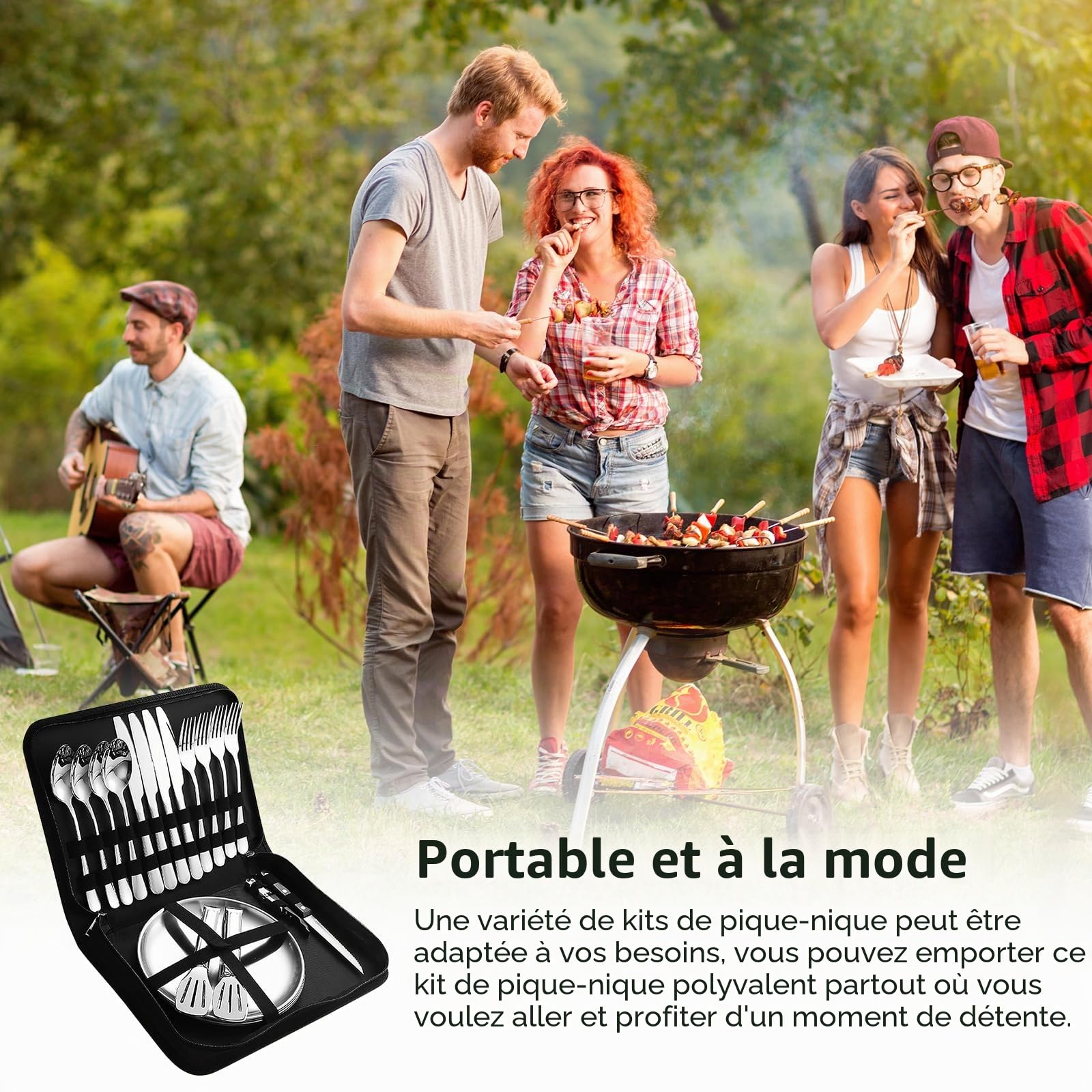 Set de Couverts de Camping pour 4 personnes, Portable Vaisselle Camping Inox pour Randonnée, L'escalade et Plein Air, avec couteau, fourchette, cuillère et assiette dans un sac de transport