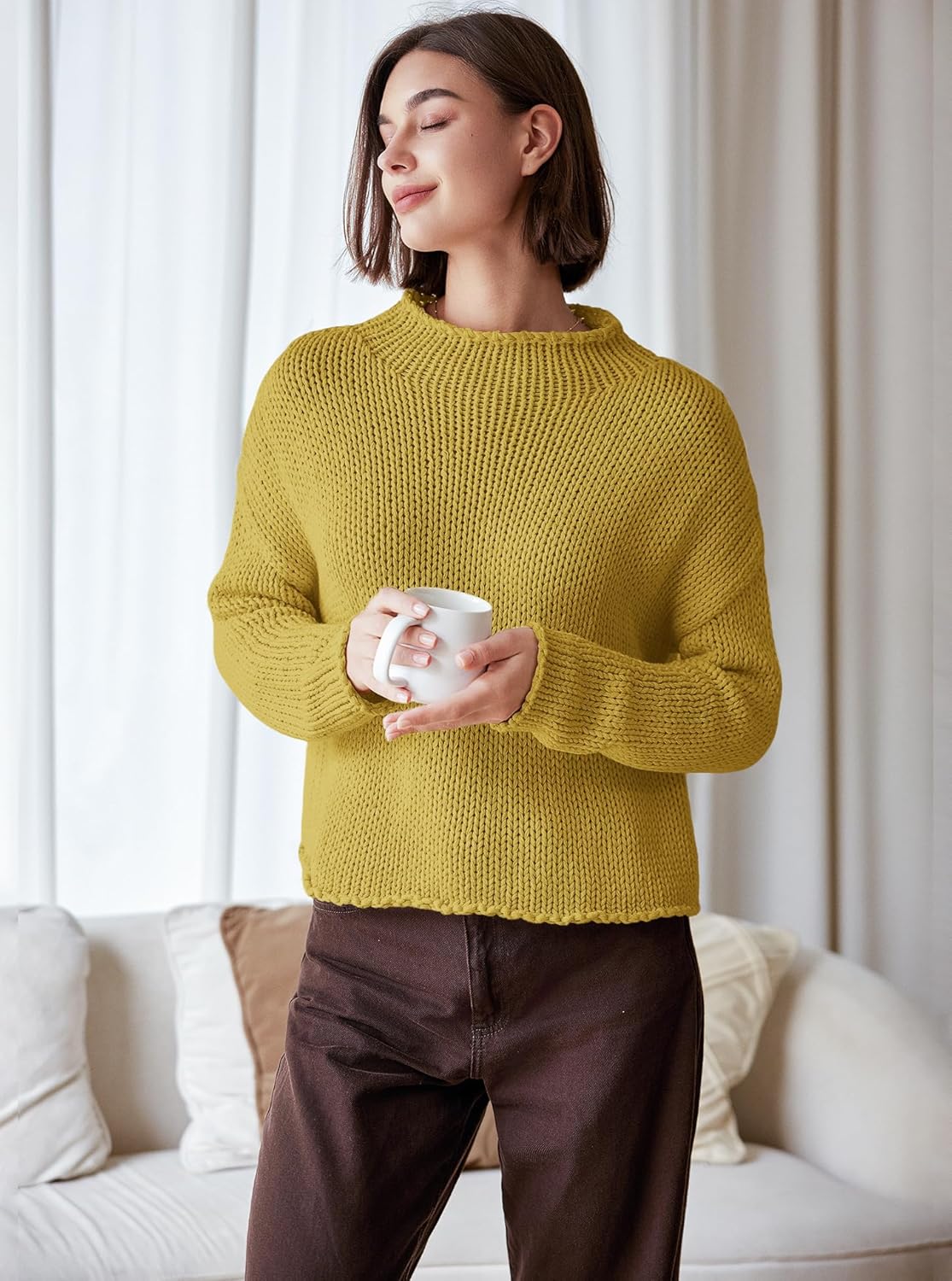 Panadila Womens Mock Neck Cropped Sweater Oversized Chunky Knit Pullover Sweaters Fall Long Sleeve Sweater Tops - Image 4