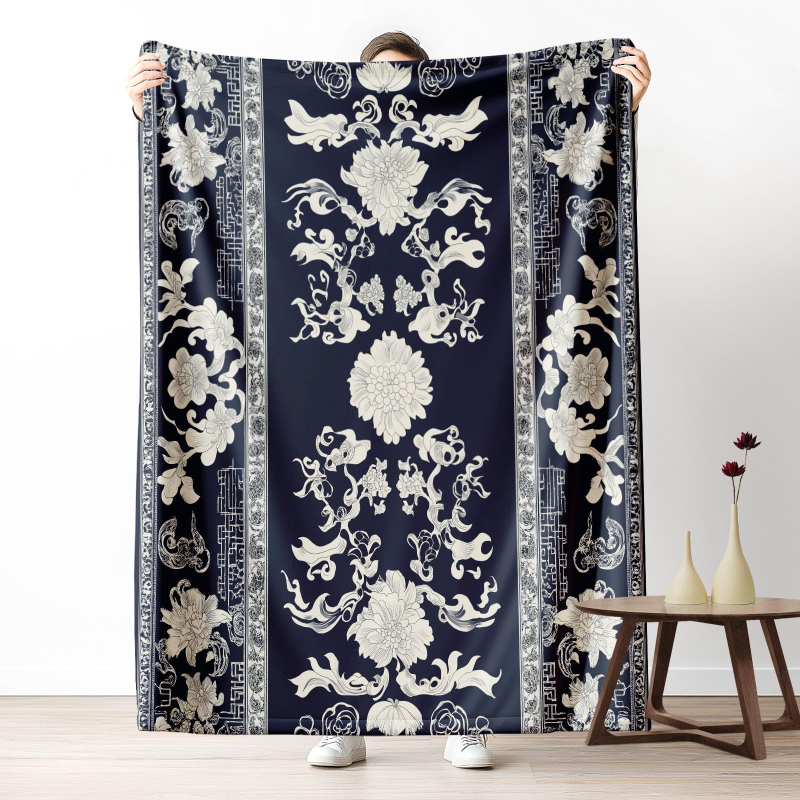 Rufxnn Chinoiserie Peony Flannel Blanket Queen Warm Soft, Vintage Floral Blanket 90"x90" Lightweight, Oriental Traditional Fleece Blanket Cozy
