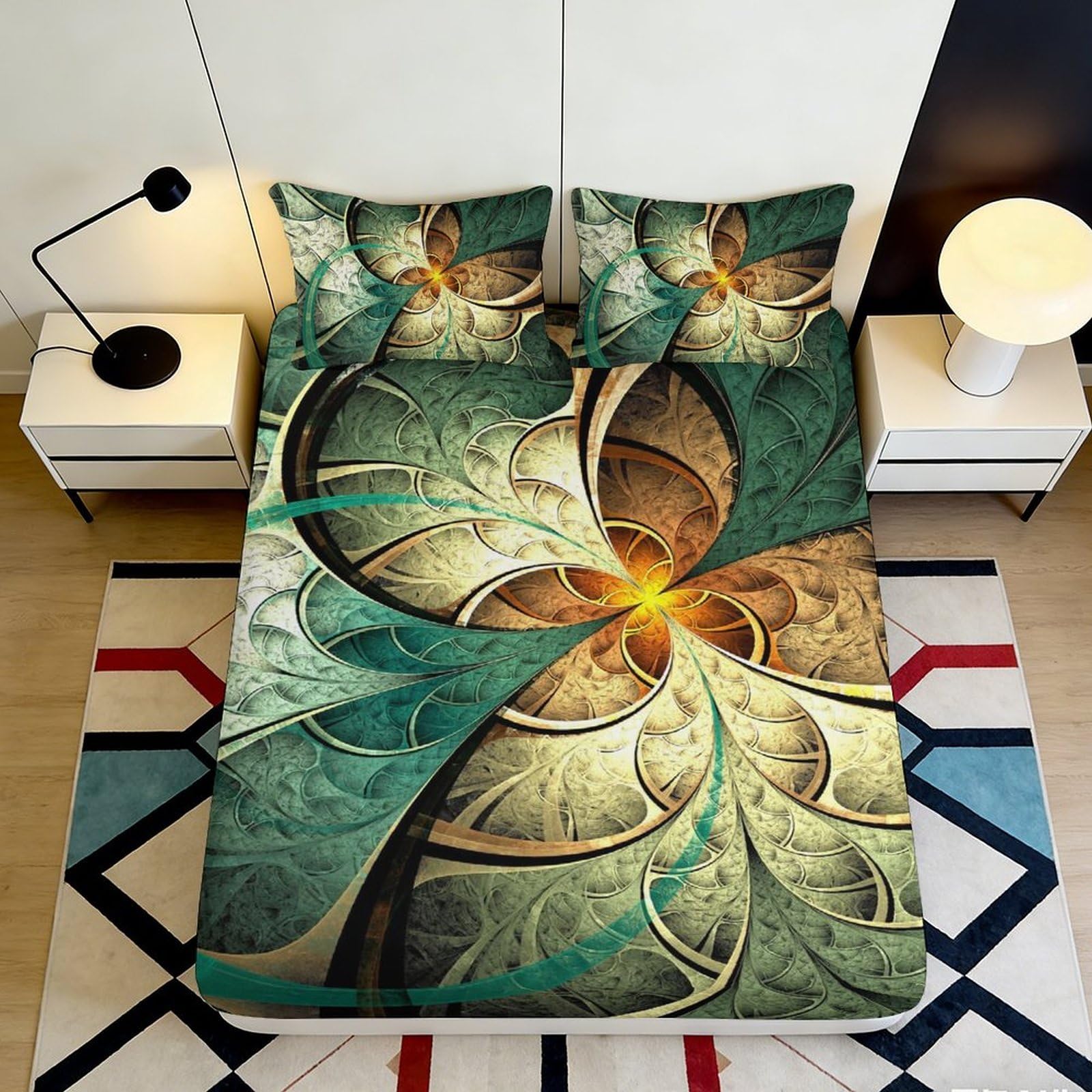 3D Printed Abstract Floral Fitted Sheet Microfiber Soft Breathable Geometric Bed Cover for Bedroom Dormitory Guest Room Mattress Protection 140x200x25cm