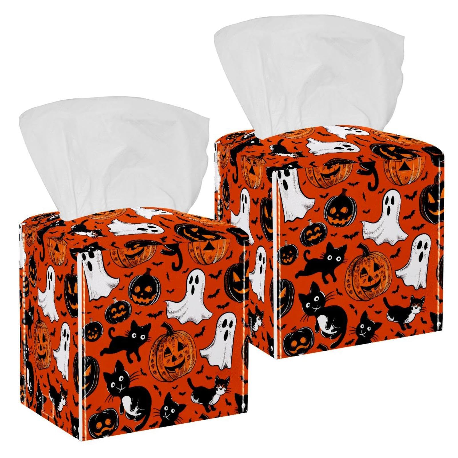 Halloween Bat Pumpkin Tissue Box Cover, 2 Pack PU Leather Square Facial Tissue Dispenser Box holder for Home Office Car