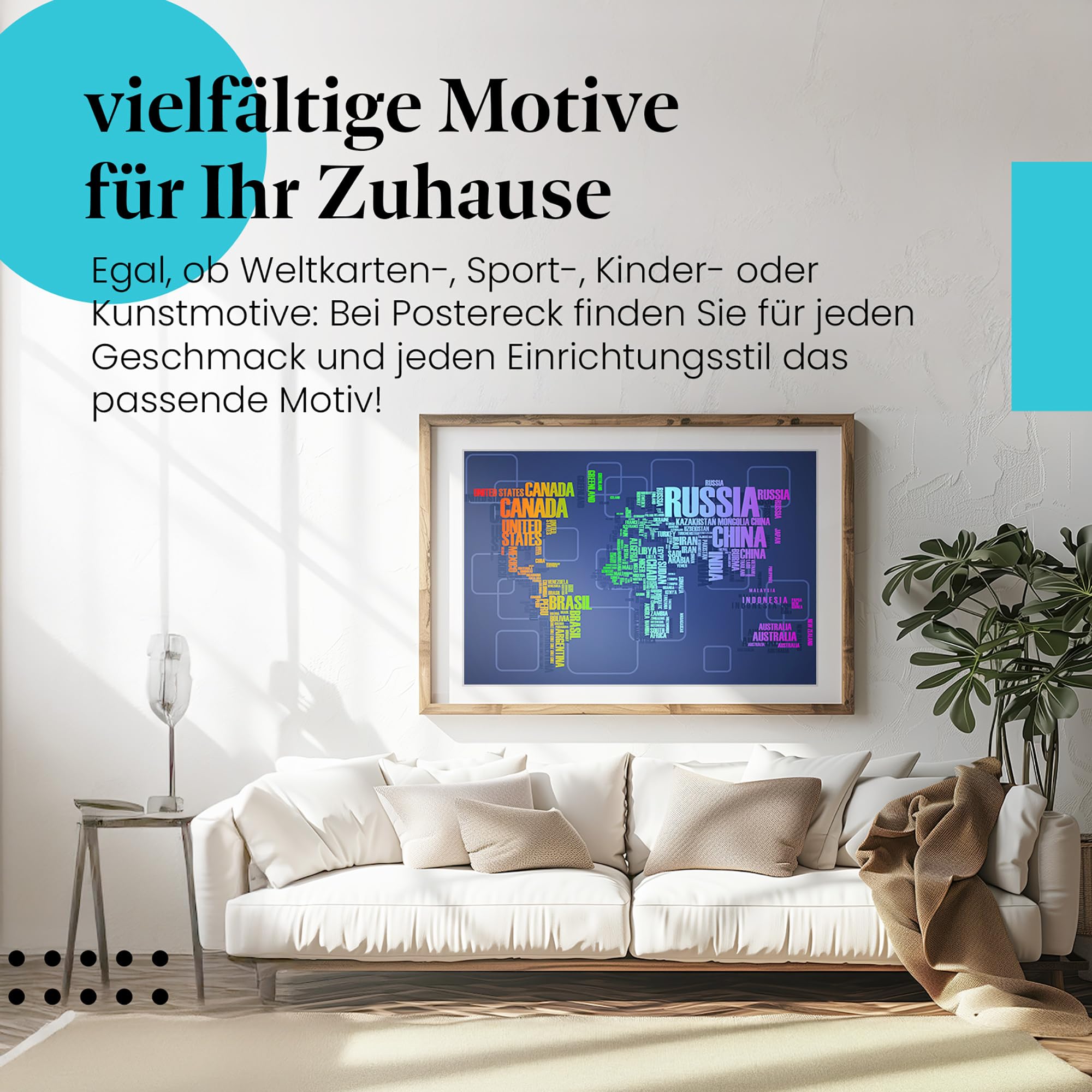 Postereck - 0925 - Moderne Schrift Welkarte, Bunt Länder Kontinente - Unterricht Klassenzimmer Schule Wandposter Fotoposter Bilder Wandbild Wandbilder - Leinwand - 100,0 cm x 75,0 cm