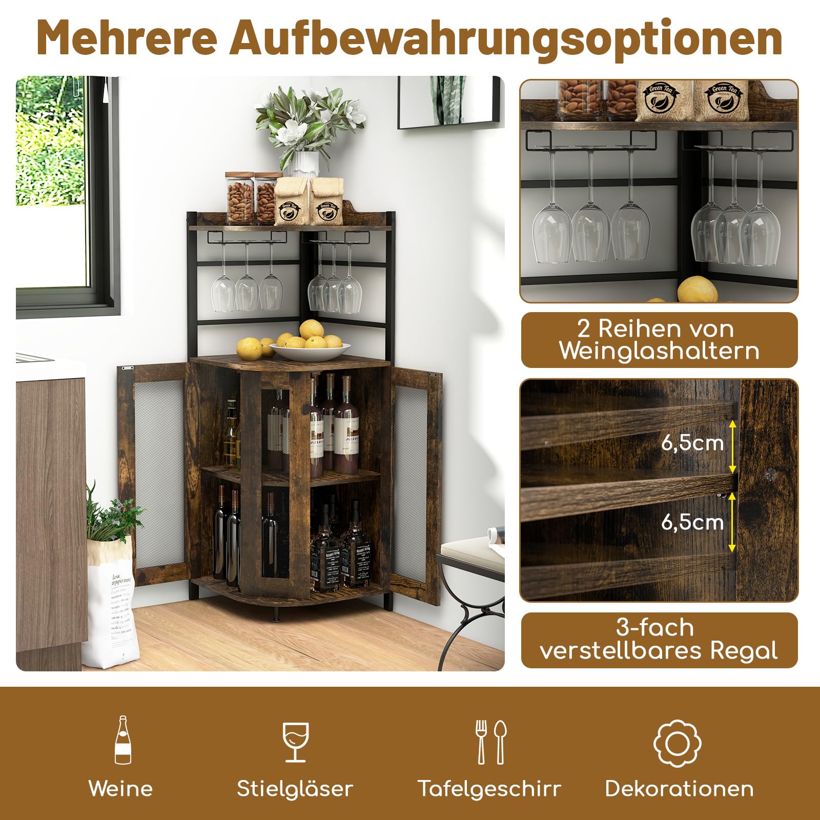 COSTWAY Barschrank Industrial, Weinschrank mit Glashalter, Hausbar aus Metallrahmen, Eckschrank Küche, 46 x 46 x 130 cm (Dunkelbraun)