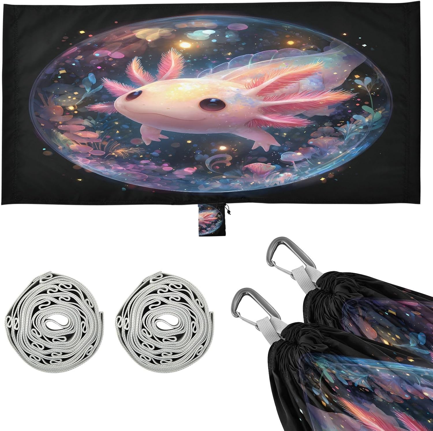 ALAZA Cute Axolotl Salamander Camping Hammocks Single or 2 Person 500 lbs Portable Parachute Travel Hammock w/Tree Straps for Hiking Backpacking Indoor Outdoor