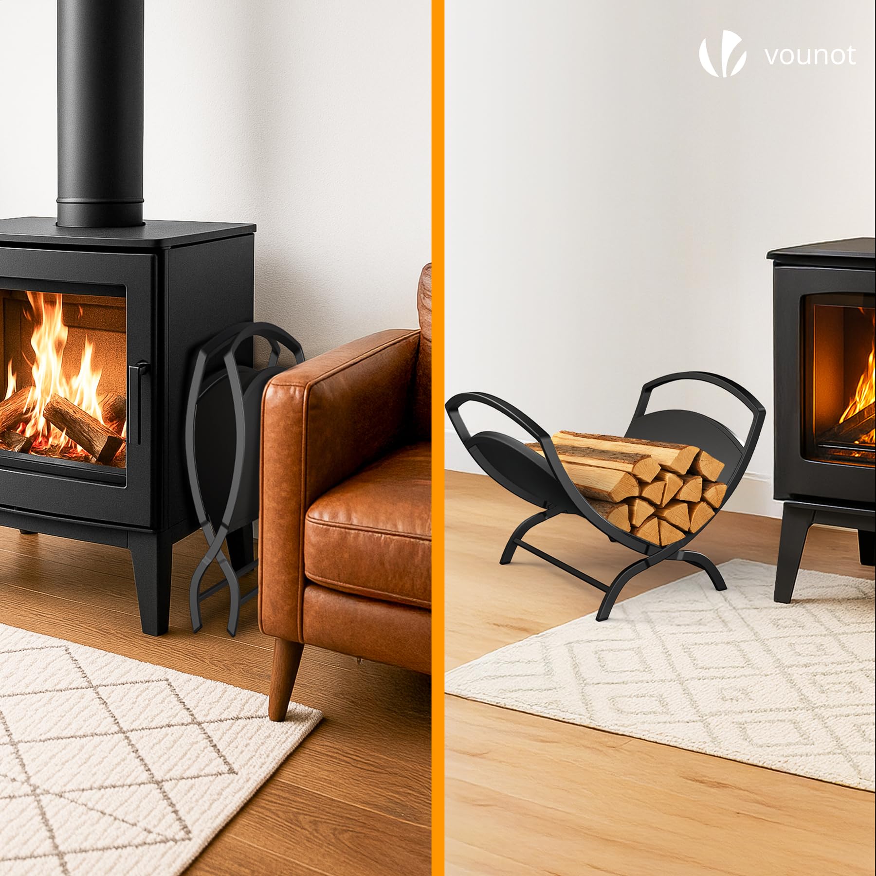 VOUNOT® Kaminholzregal Metall, X-förmiges Brennholzregal mit stabilem Sockel und Griff, Kaminholzständer für Kamin & Ofen, Feuerholzregal Innen und Aussen, 40,5 x 32 x 33 cm, Schwarz