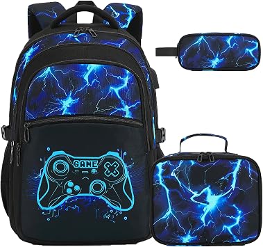 DIGOBAY Boys Backpack for School, Luminous Gamer Backpack with Lunch Box | Cool Kids Gaming Backpack Bookbag For Teen Boys Elementary Middle High School With USB Charging Port, Blue Lighting