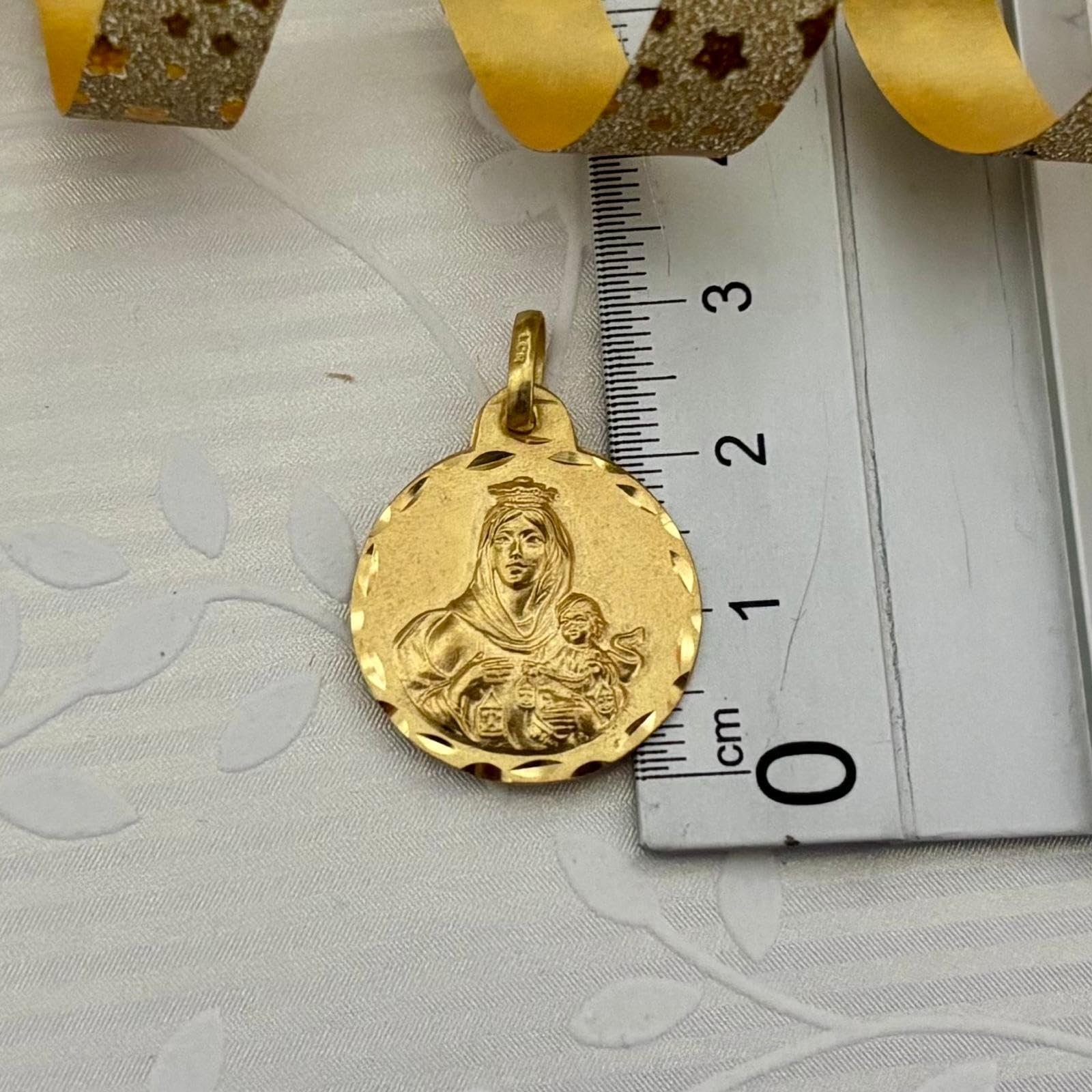 Médaille scapulaire Vierge du Carmen et Sacré-Cœur de Jésus, argent sterling 925 plaqué or, 20 mm, double face avec bord sculpté