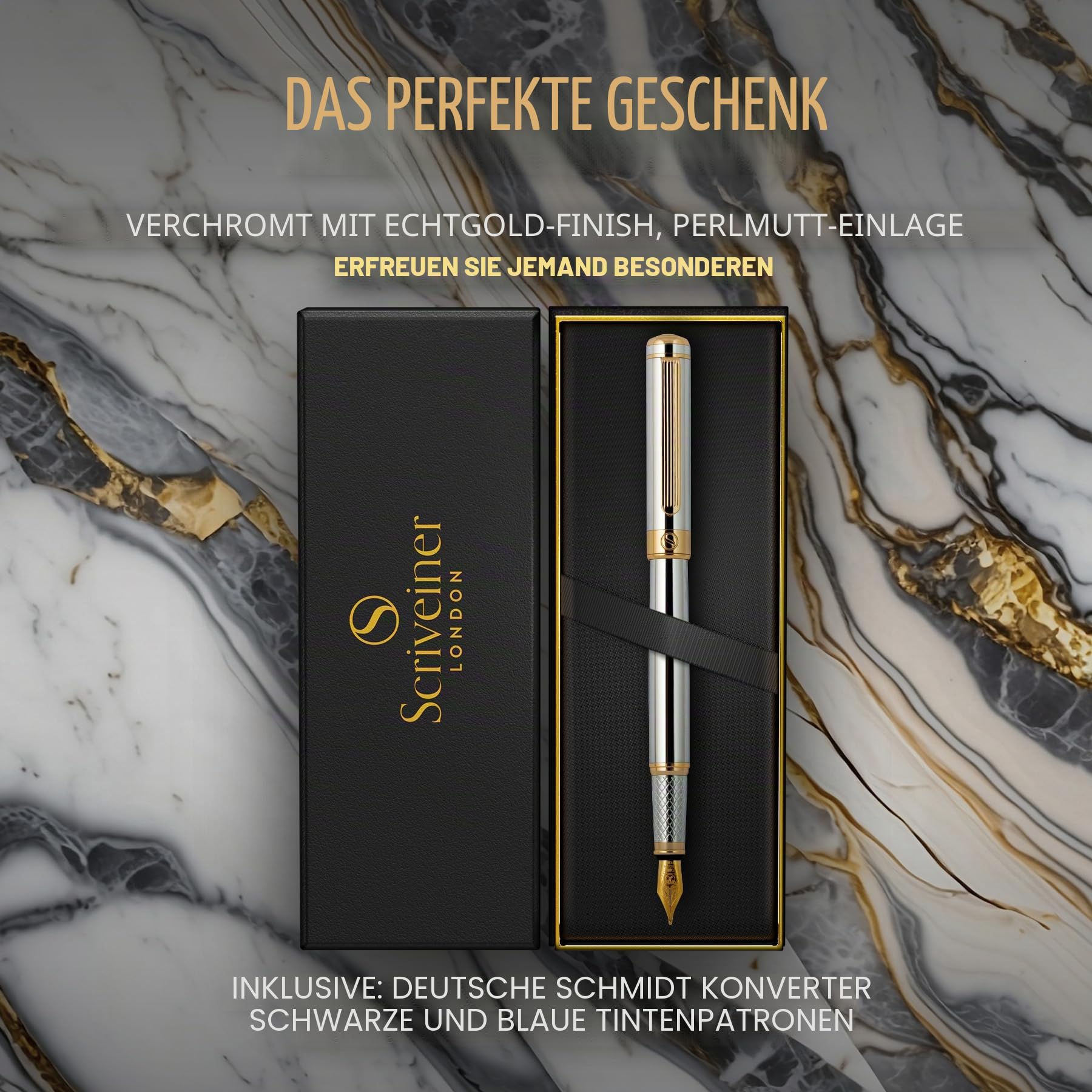 Scriveiner Silber Füllfederhalter Füller Edel mit Echtgold-Finish, Schmidt vergoldete Feder (mittel), Bestes Geschenk für Herren und Damen, Manager, Führungskräfte (Silber Chrom)