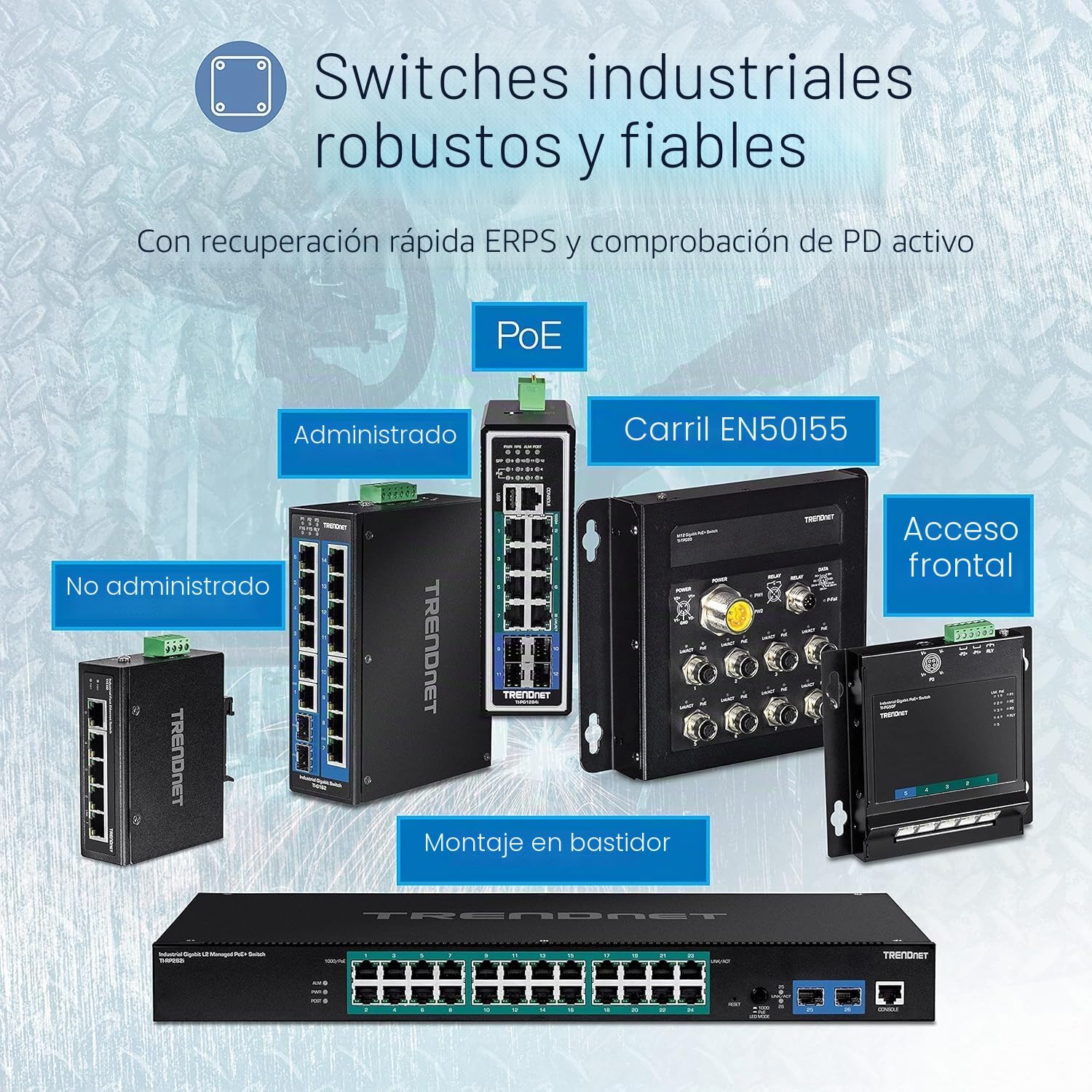 TRENDnet, TI-PE80, Switch Industrial DIN-Rail PoE+ Fast Ethernet de 8 Puertos, conmutador de Red no administrado IP30, presupuesto de Potencia PoE de 200 W | Sin administrar, 8 puertos Fast Ethernet PoE+, carcasa con clasificación IP50, cumple con NDAA TA