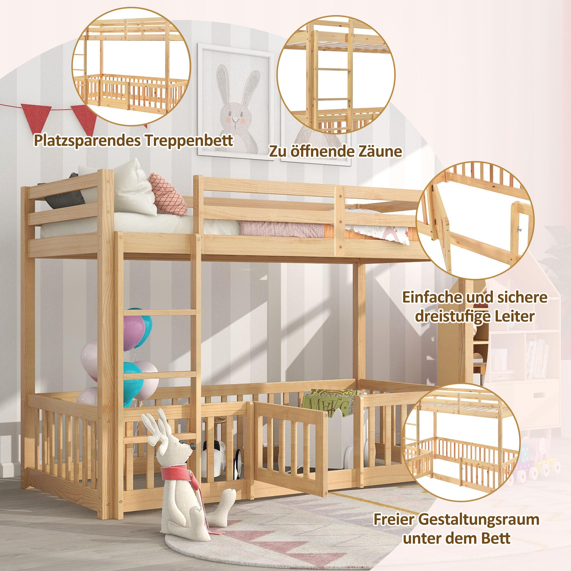 Lubvtti Litera Infantil 90 x 200 cm,Cama para niños con protección anticaídas y barandilla,Estructura Cama 90x200,Cama Superior con somier de láminas, Natural