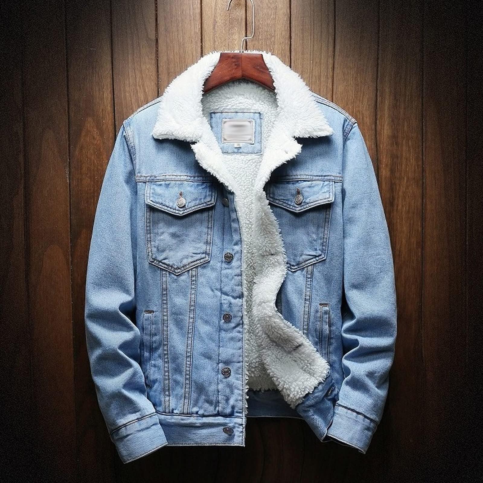Generisch Giacca di jeans da uomo invernale in denim, calda imbottitura, alla moda, con rivestimento in pelliccia, casual, tinta unita, per le mezze stagioni, in denim