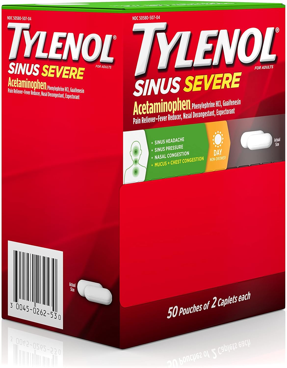 Tylenol Sinus Severe Daytime Caplets for Pain & Congestion Relief, 50 Travel Packs of 2 ct : Health & Household